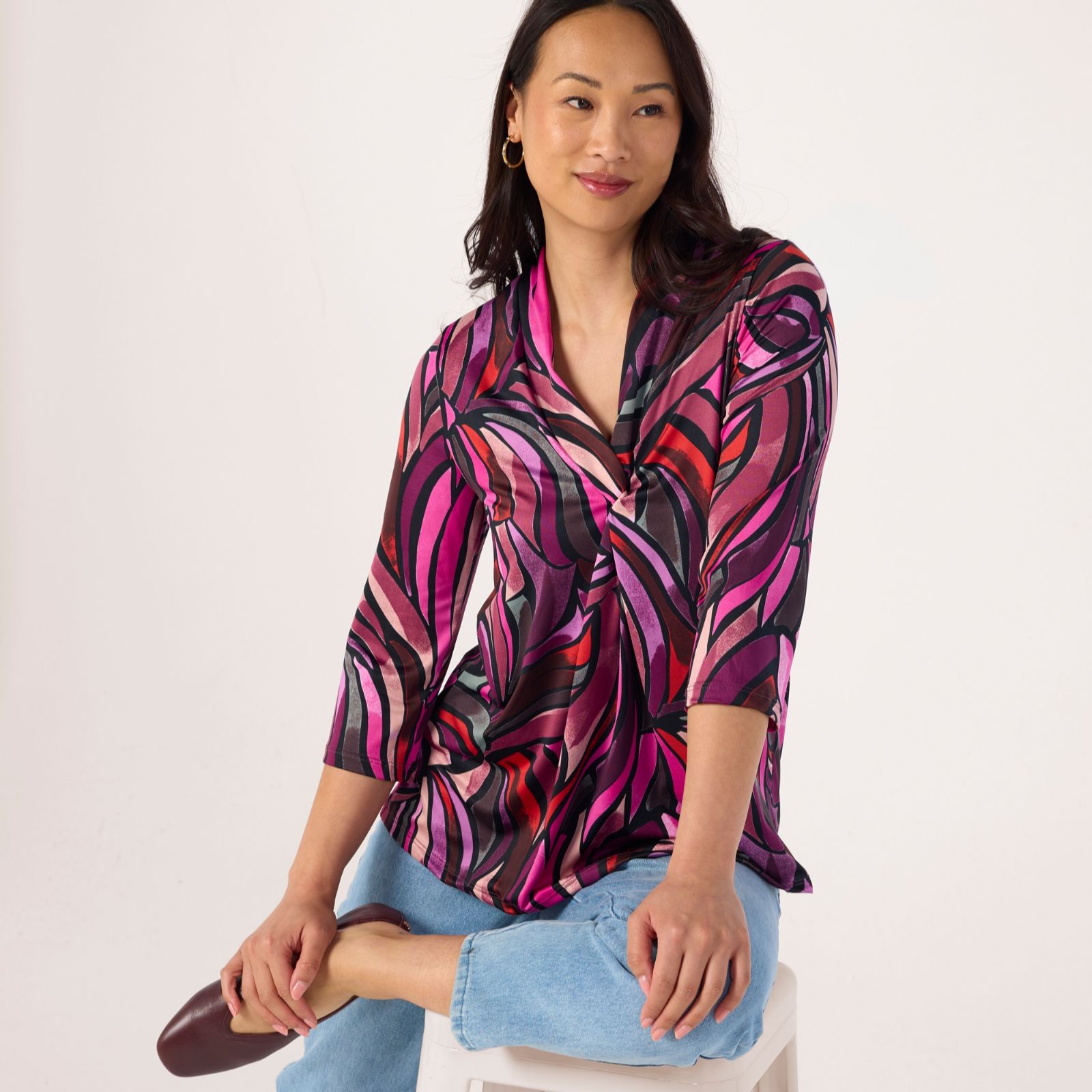 Kim & Co Printed Brazil Jersey 3/4 Sleeve Twist Front Tunic