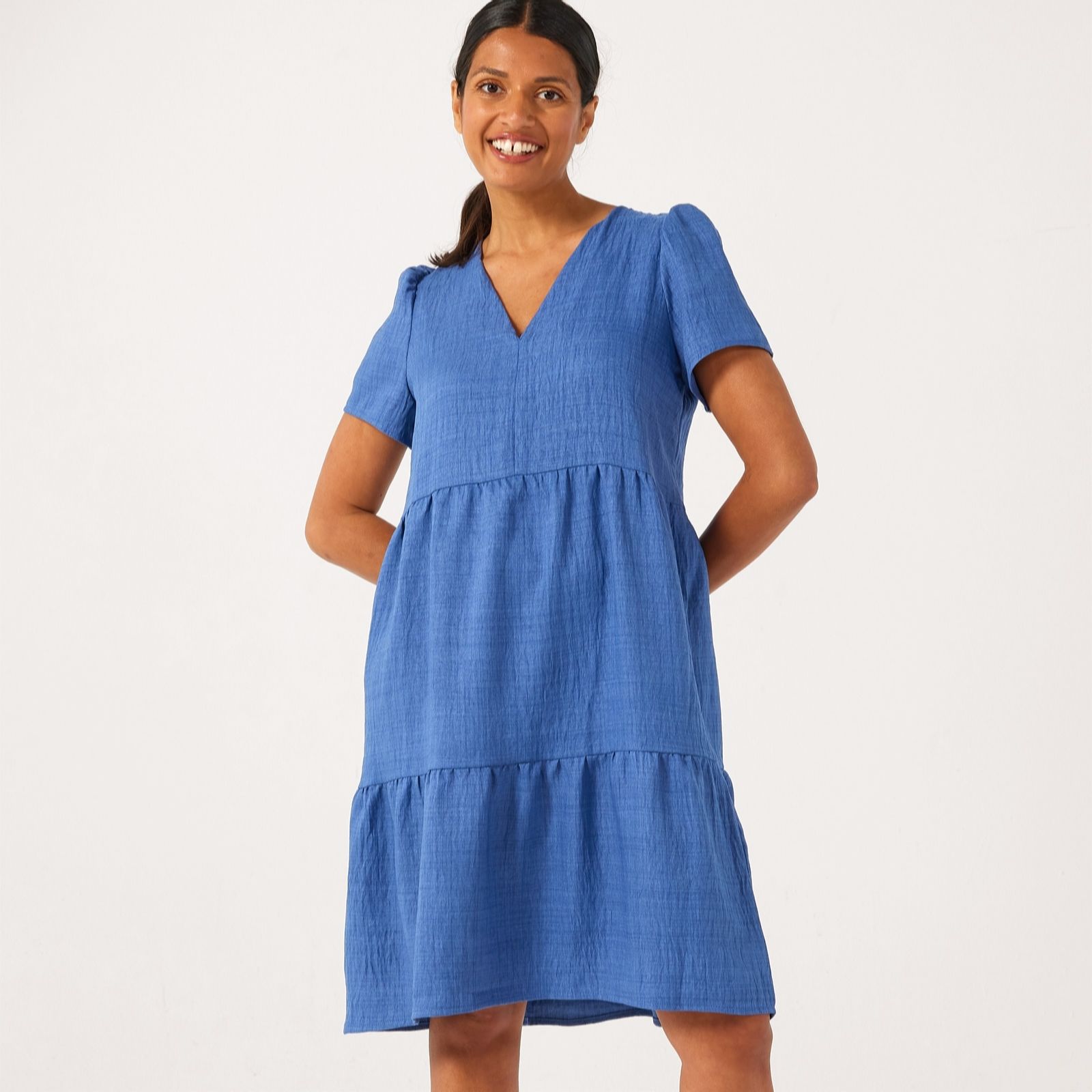 Kim & Co Linen Style Poplin Short Sleeve Frilled Dress