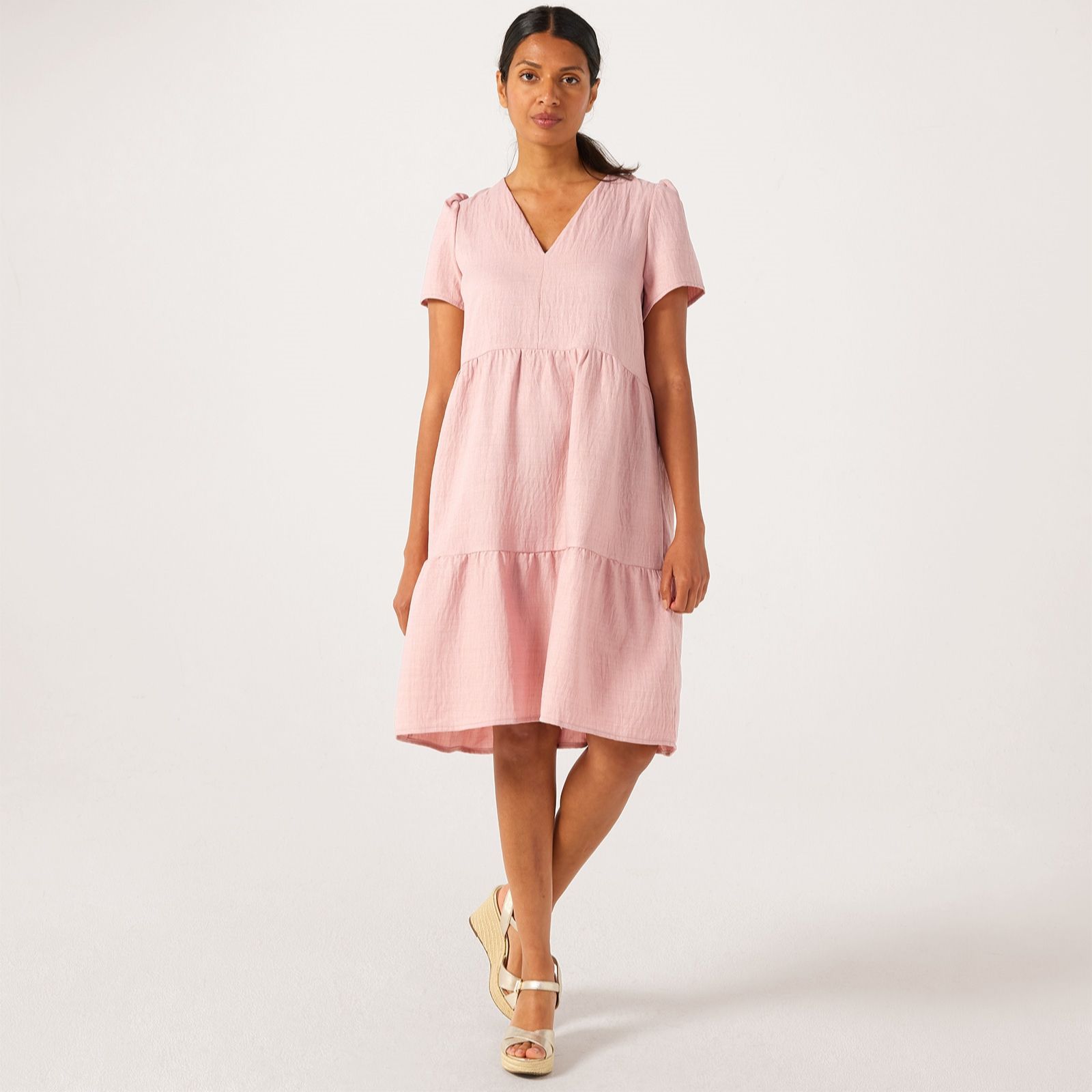 Kim & Co Linen Style Poplin Short Sleeve Frilled Dress