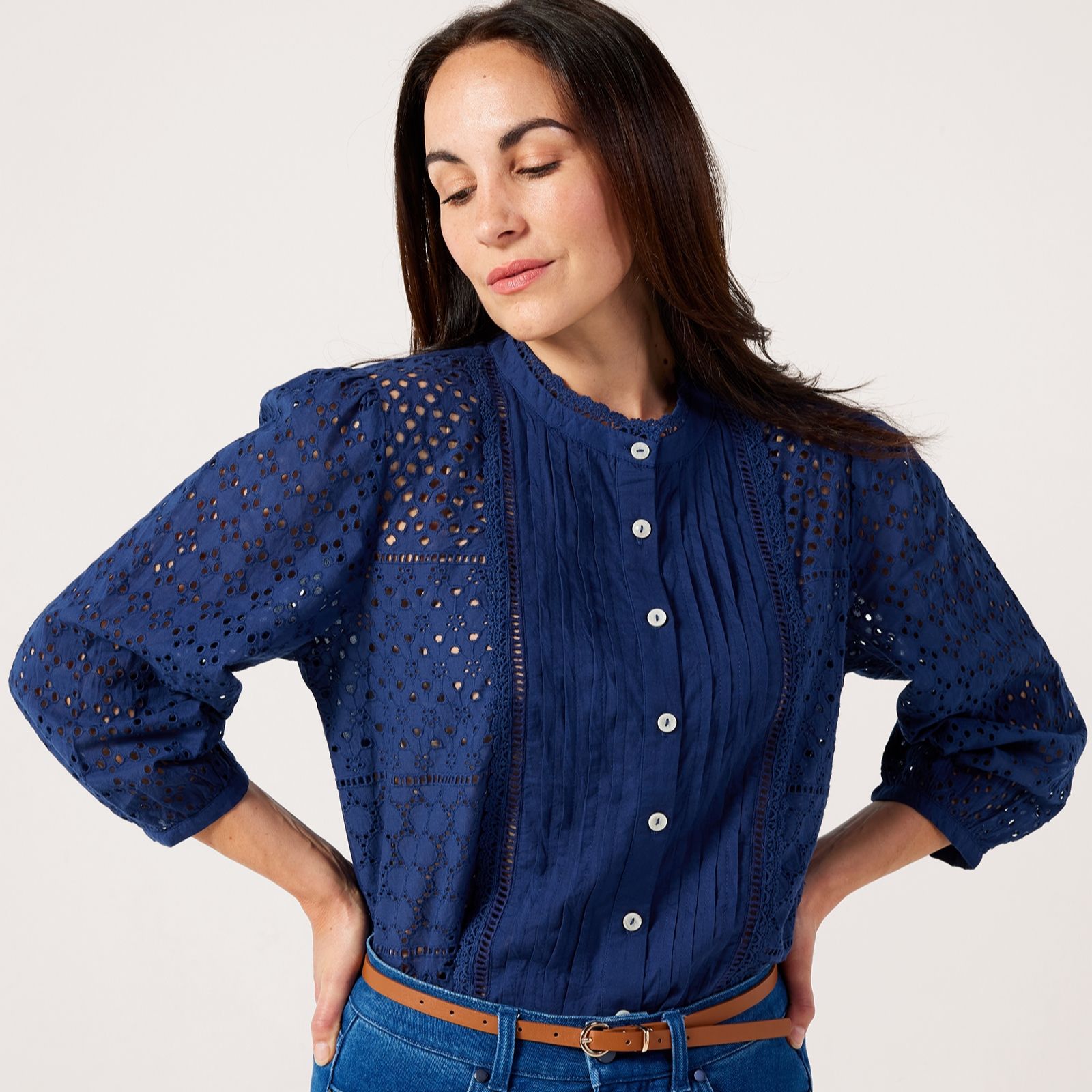 Denim & Co. Cotton Broderie Multi Panel Shirt