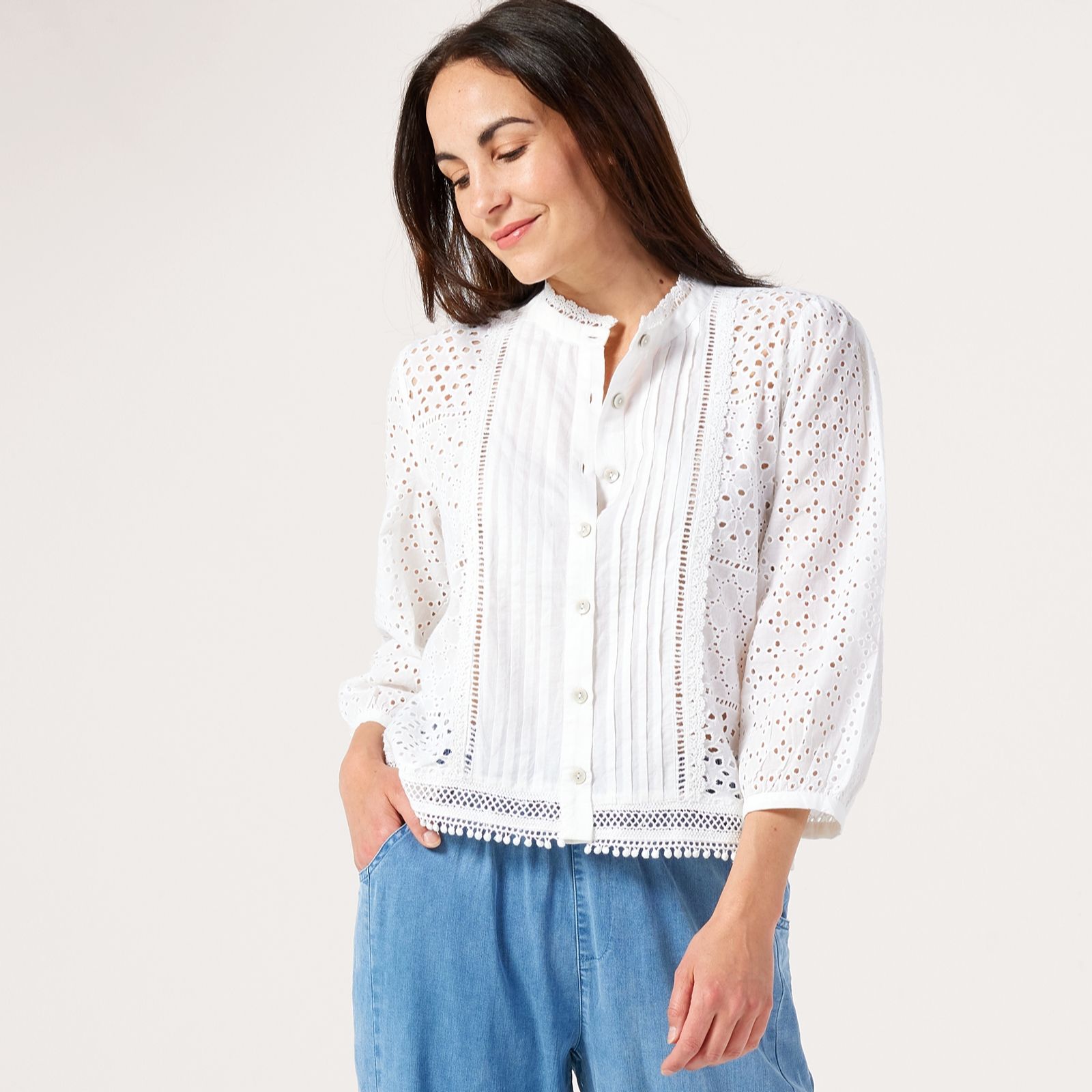 Denim & Co. Cotton Broderie Multi Panel Shirt
