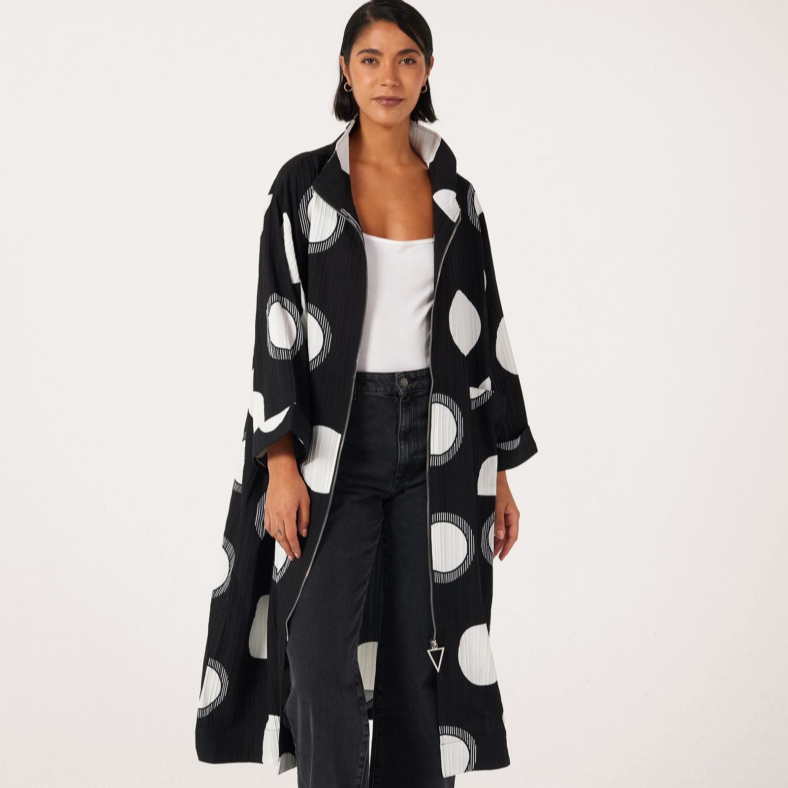 Frank Usher Long Length Textured Spot Woven Zip Through Jacket