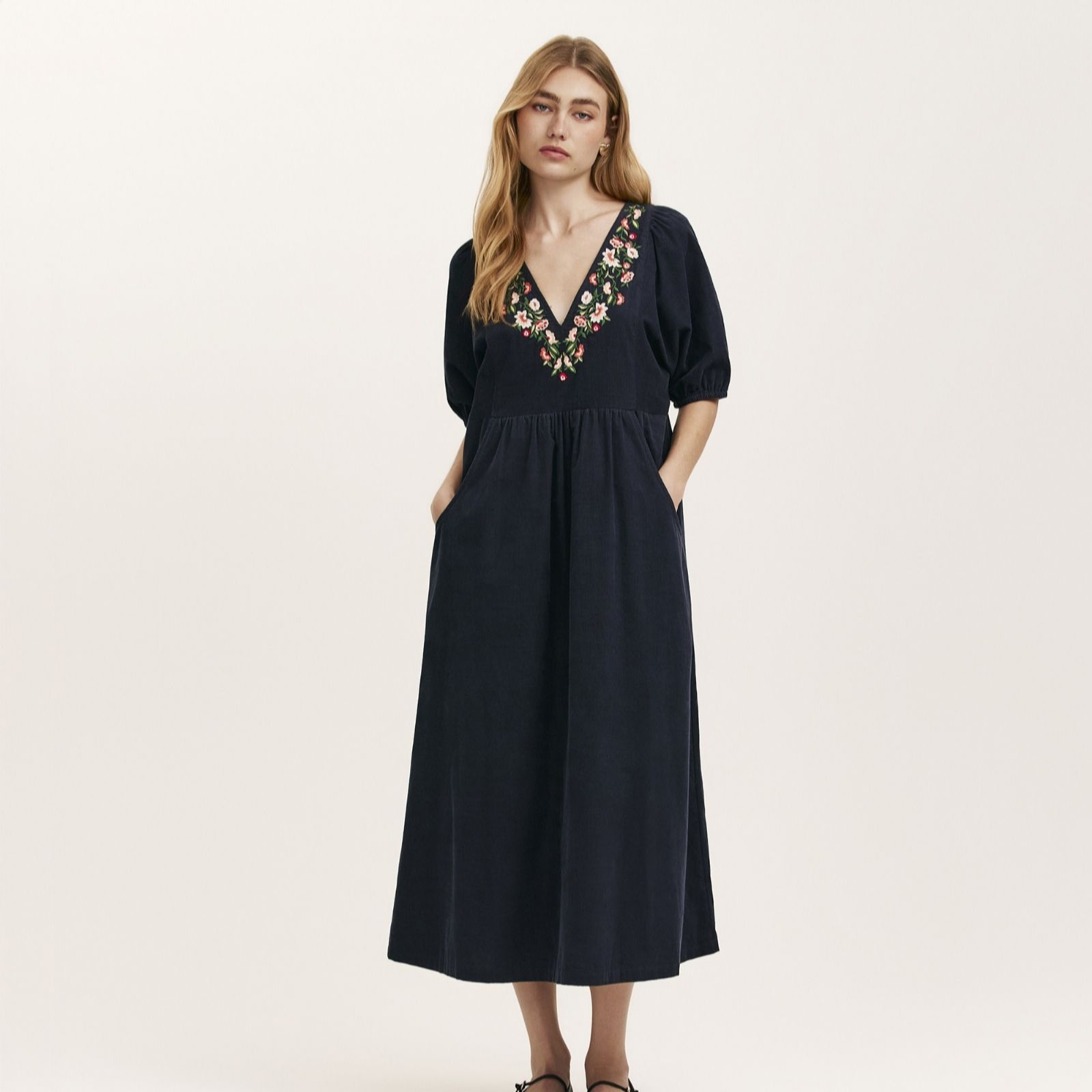 Finery London Chloe Floral Embroided Detail Corduroy Dress