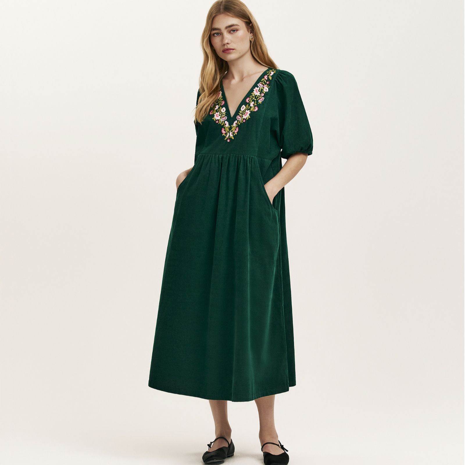 Finery London Chloe Floral Embroided Detail Corduroy Dress