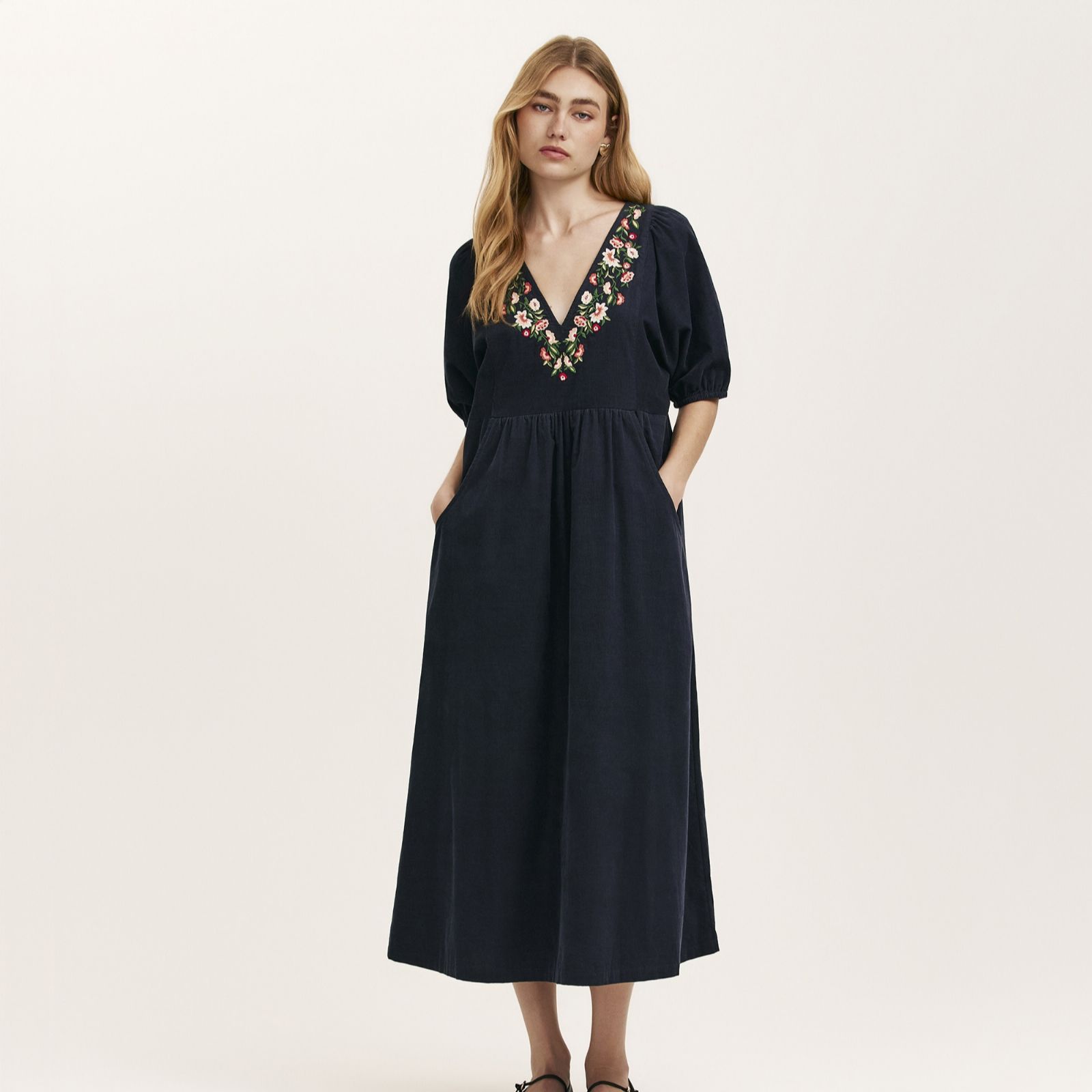Finery London Chloe Floral Embroided Detail Corduroy Dress