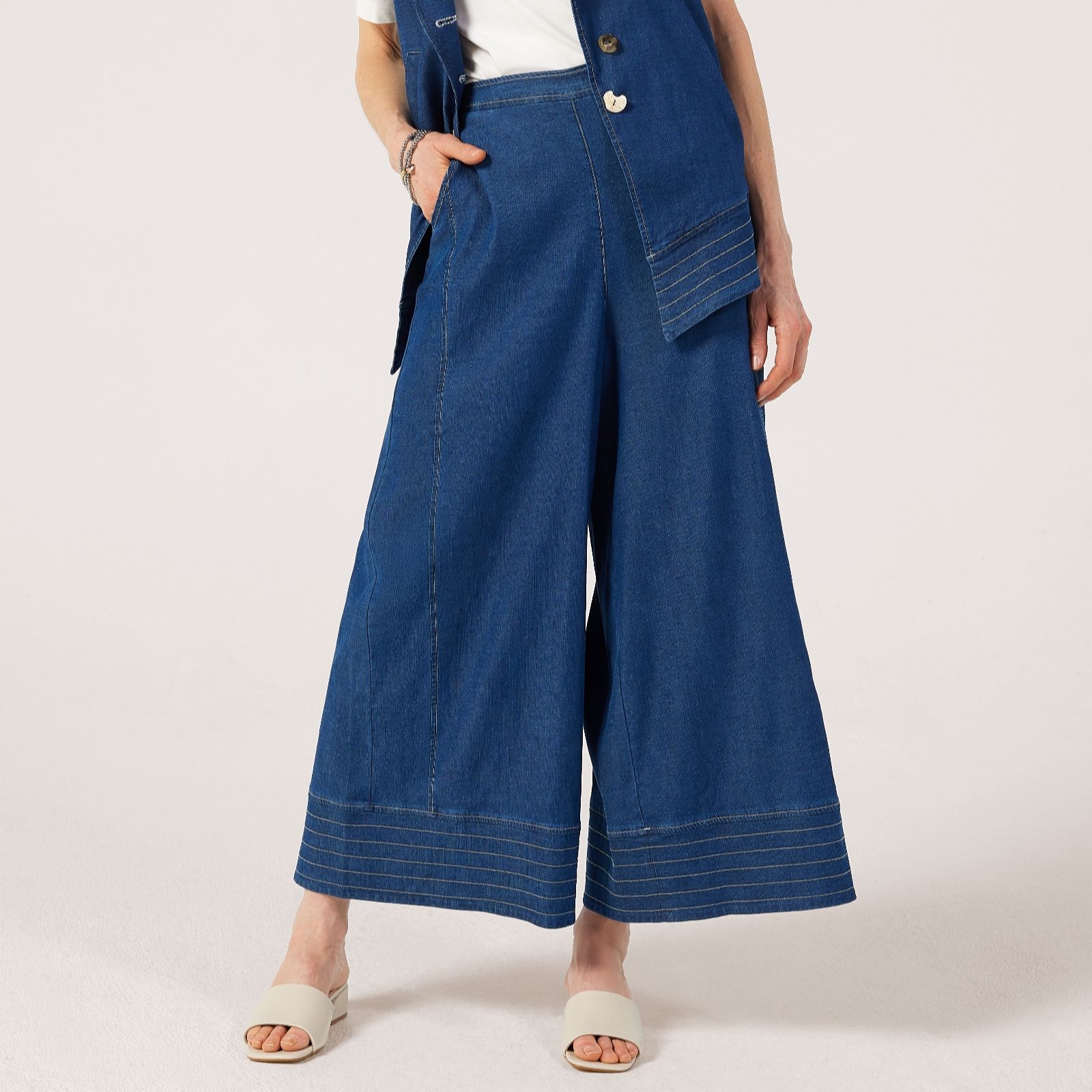 Malissa J Light Denim Wide Culotte Trousers Contrast Stitch