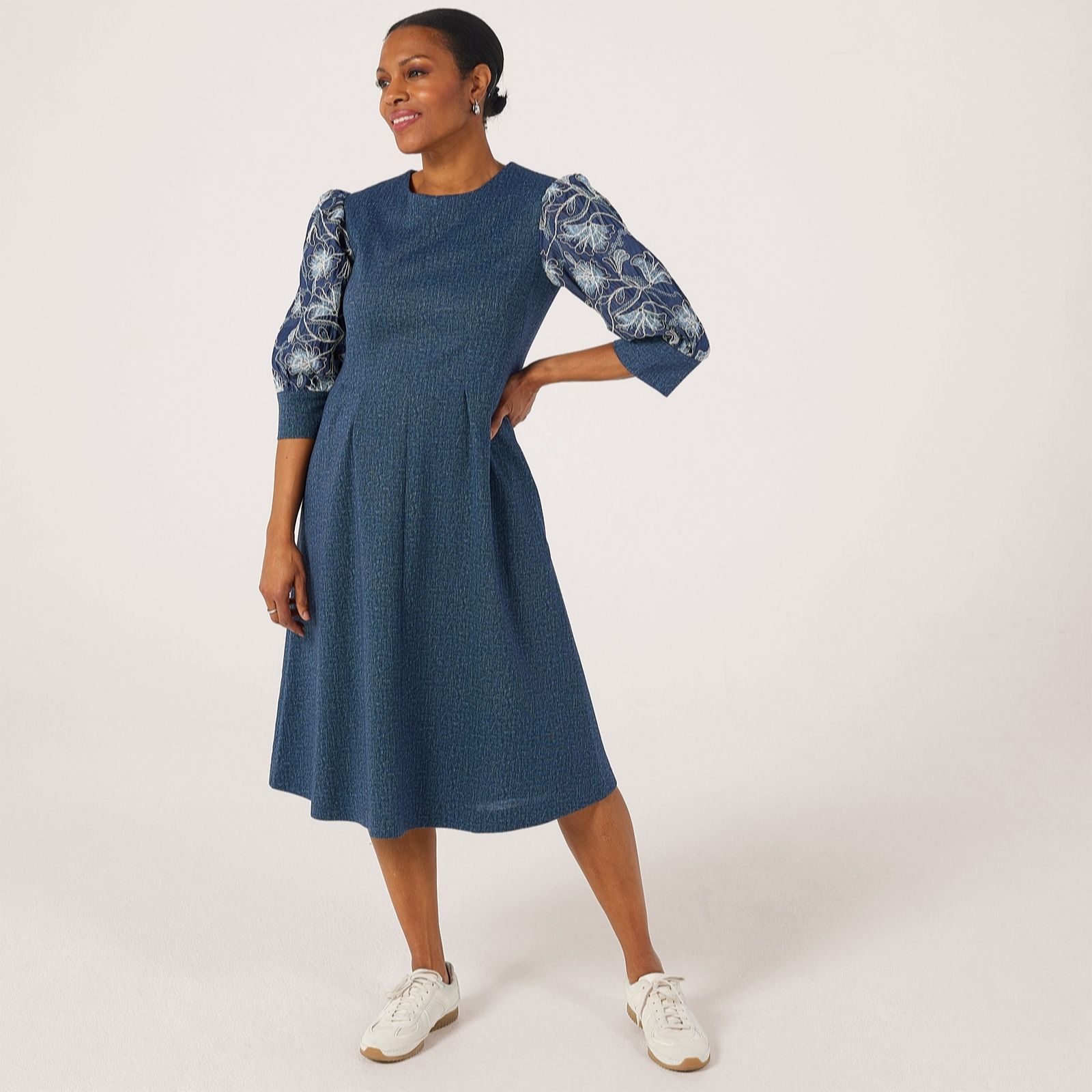 Helene Berman Hero Denim Dress With Emblished & Embroidered Sleeve