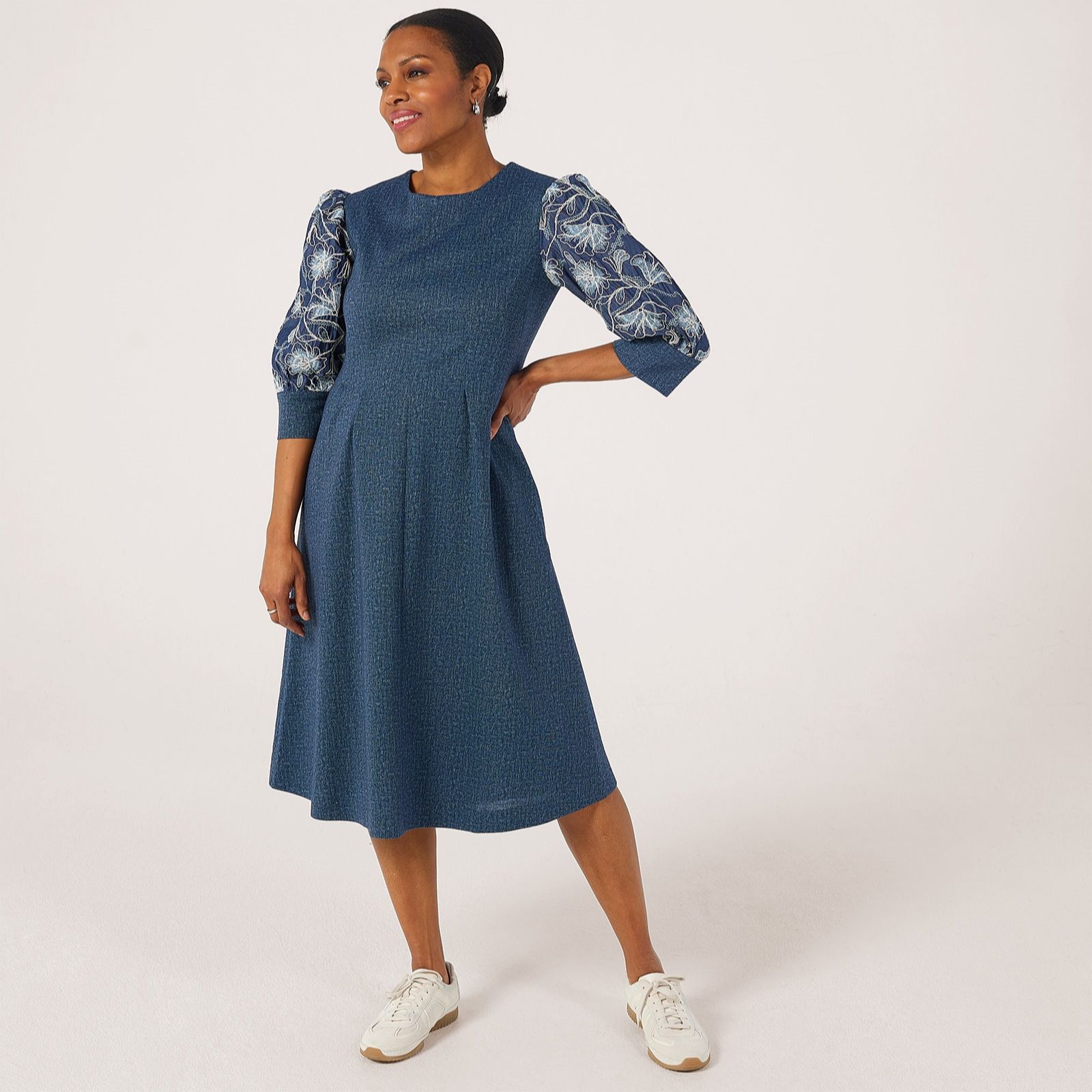 Helene Berman Hero Denim Dress With Emblished & Embroidered Sleeve
