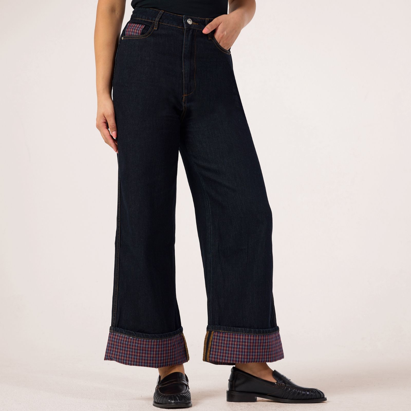 Izabel London Jean with Check Pocket & Turn Up