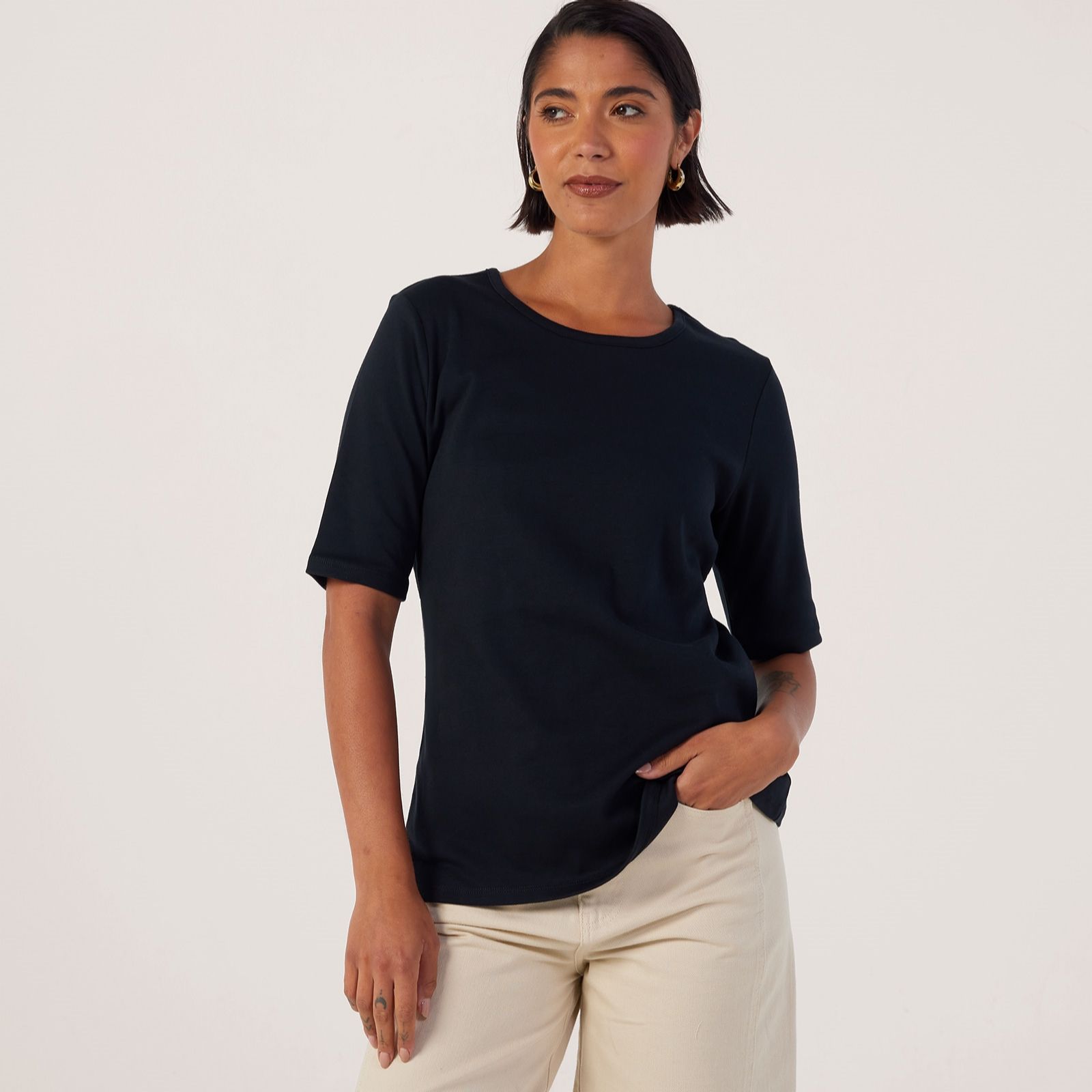 Denim & Co. Essentials Crew Neck Elbow Sleeve Top