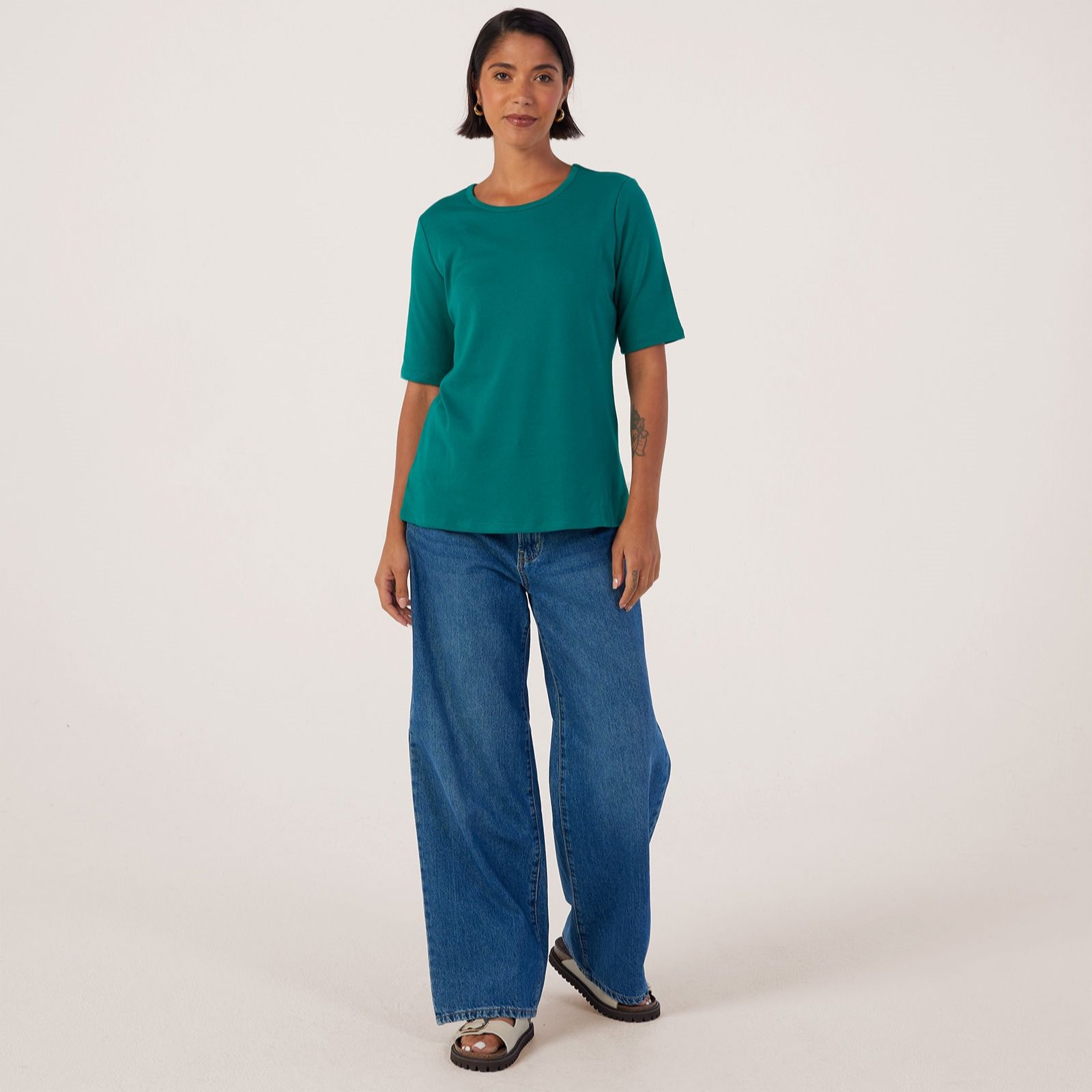 Denim & Co. Essentials Crew Neck Elbow Sleeve Top