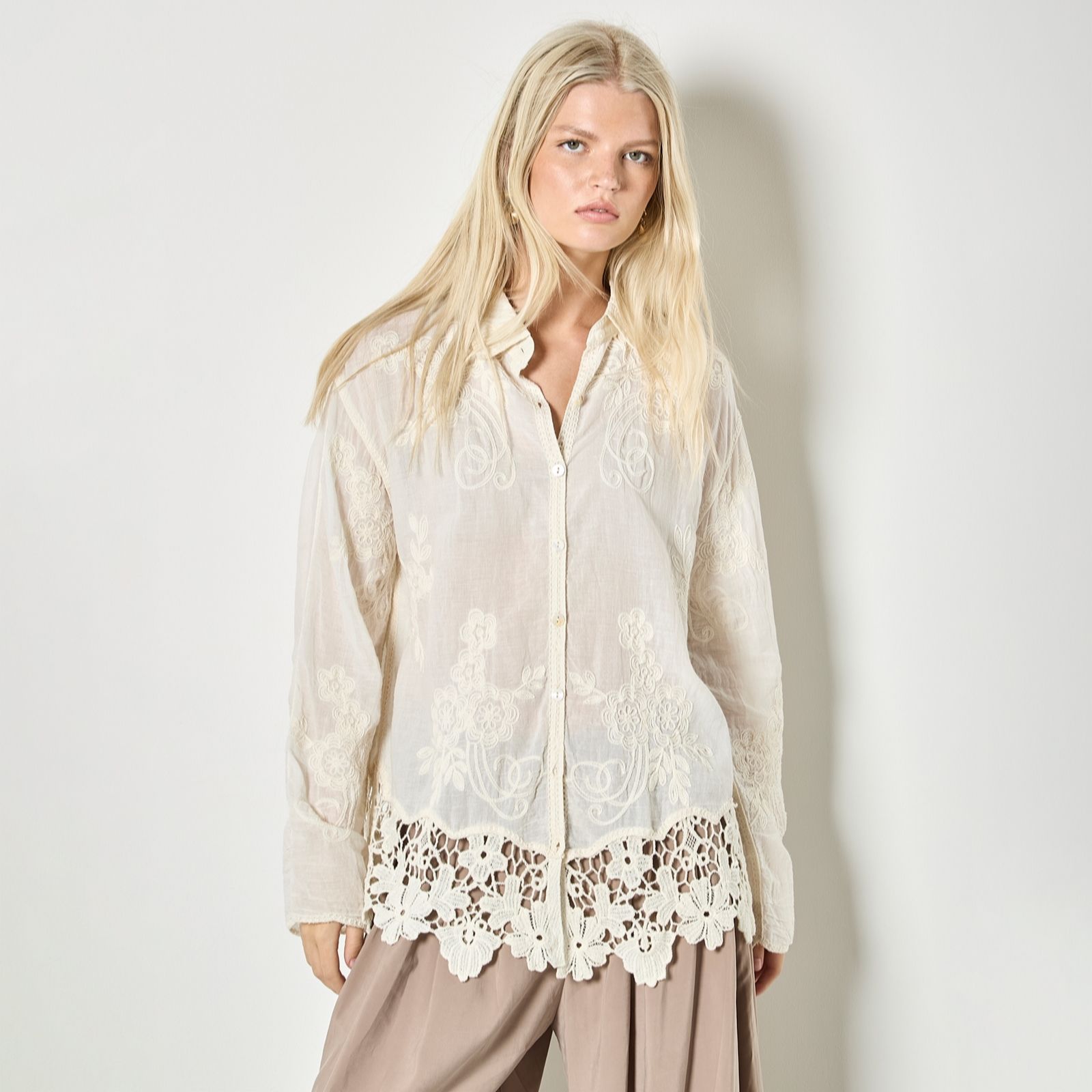 Apricot Embroidered Mesh & Guipure Lace Edge Oversized Shirt
