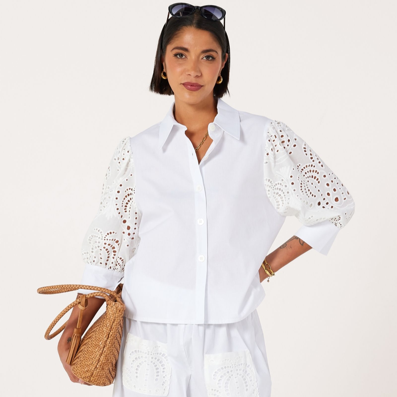Helene Berman Cotton Poplin Relaxed Shirt with Palm Tree Broderie