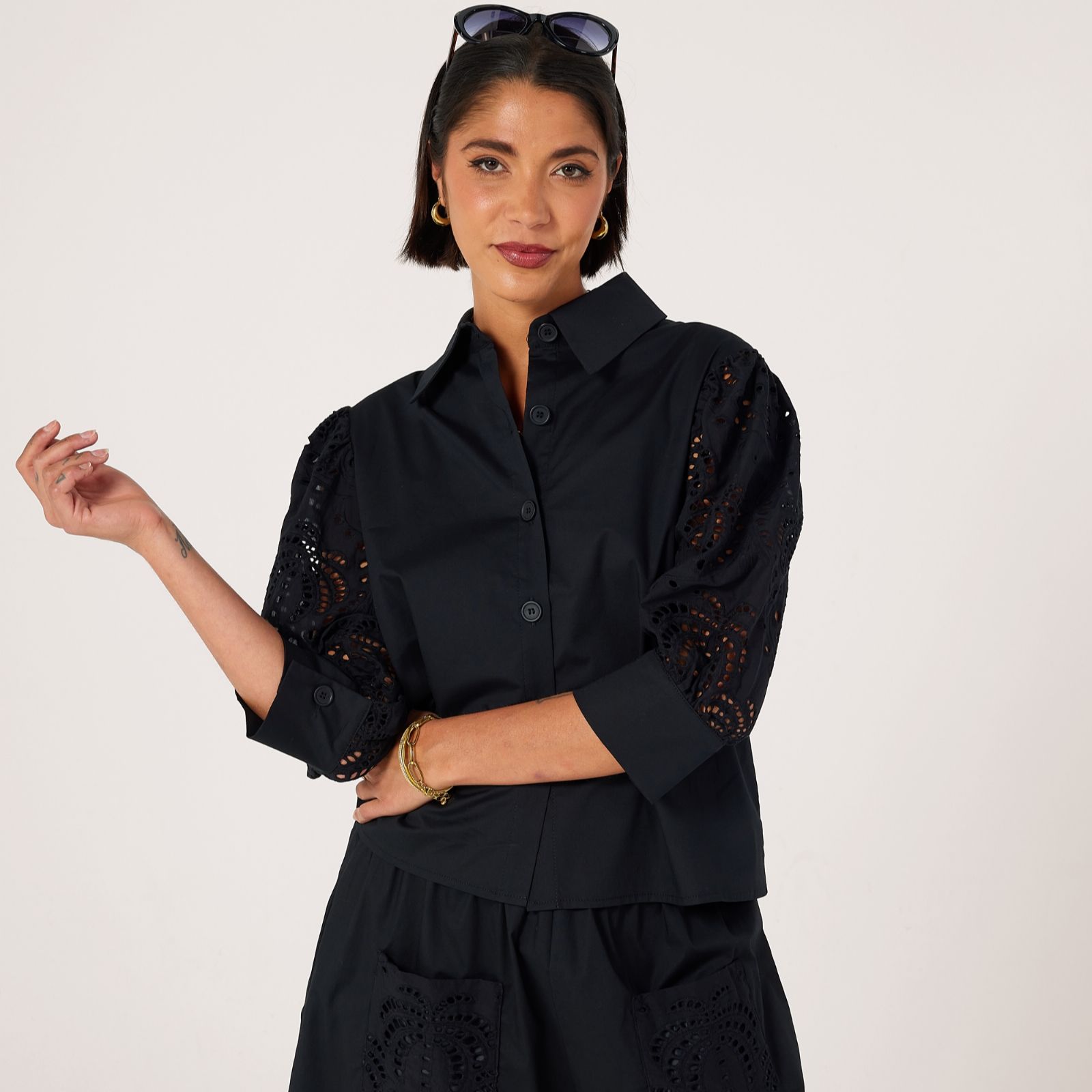 Helene Berman Cotton Poplin Relaxed Shirt with Palm Tree Broderie