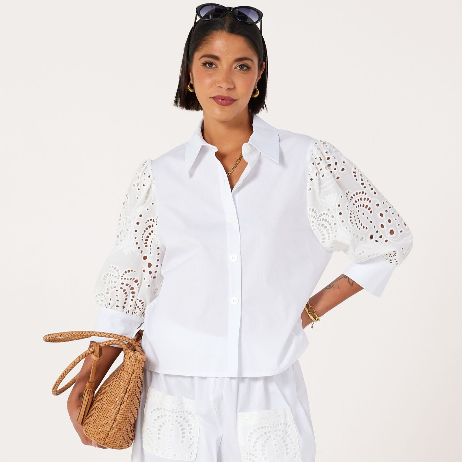 Helene Berman Cotton Poplin Relaxed Shirt with Palm Tree Broderie