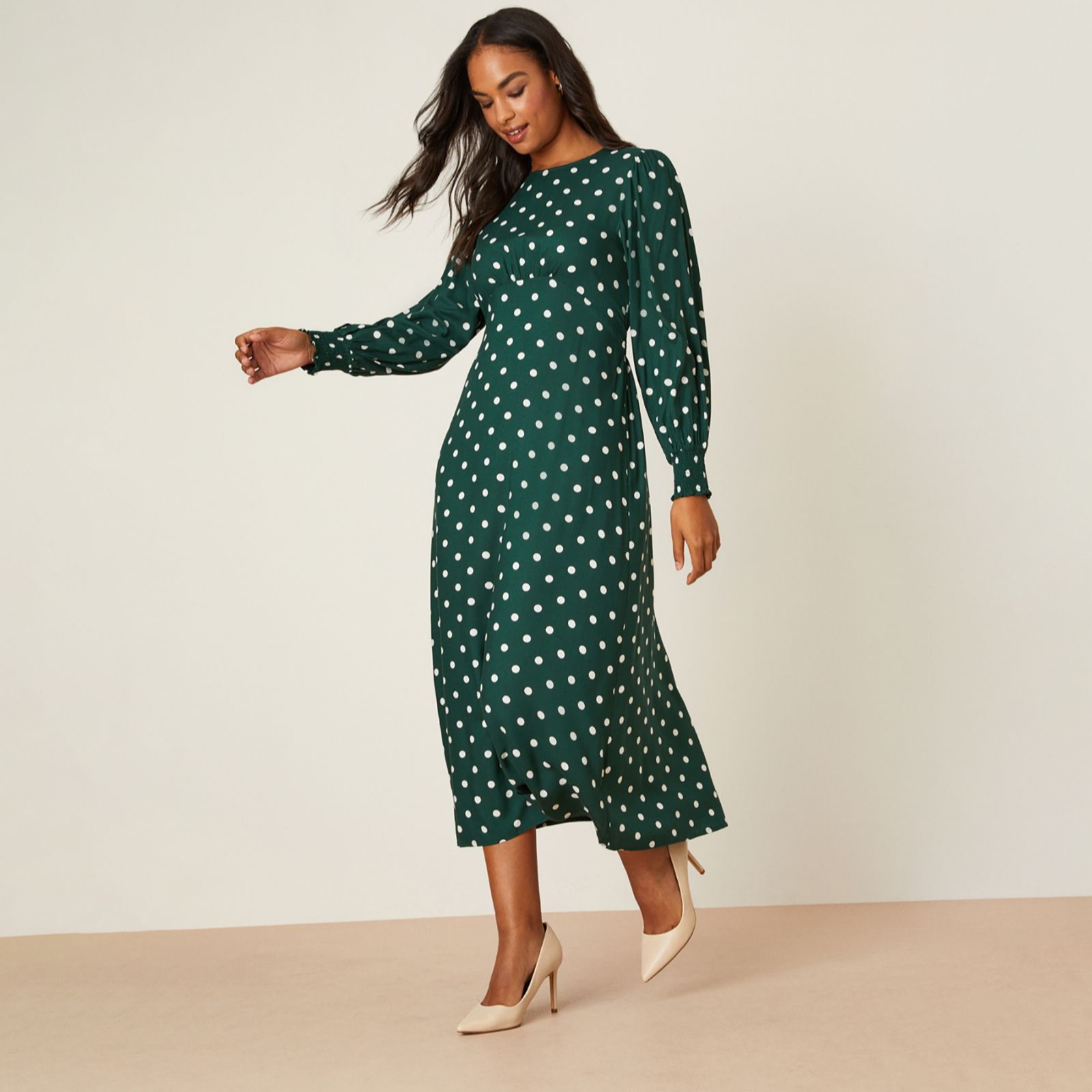 Dorothy Perkins Spot Print Long Sleeve Shirred Cuff Midi Dress Standard
