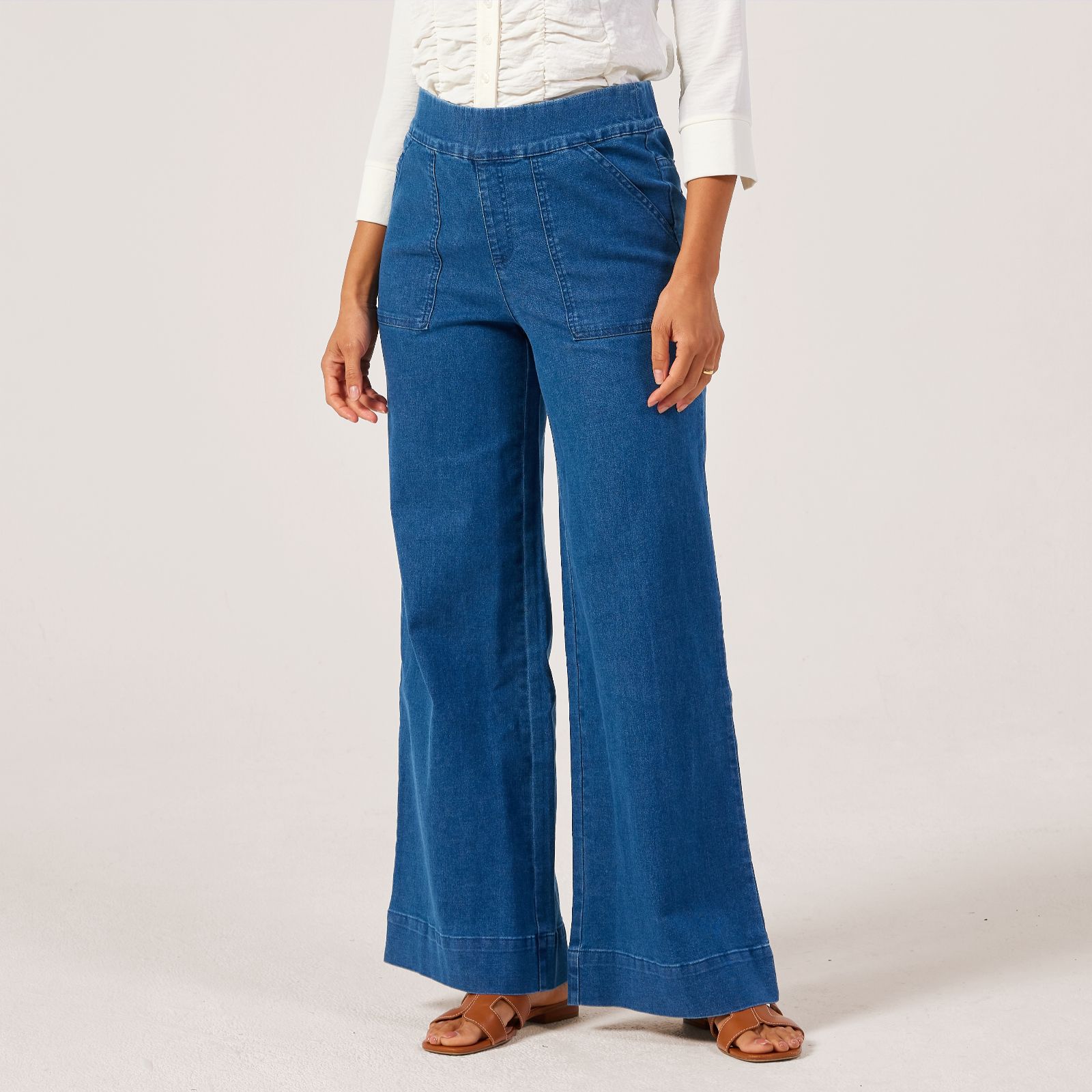 Nina Leonard Wide Leg Denim Standard Trousers With Pockets
