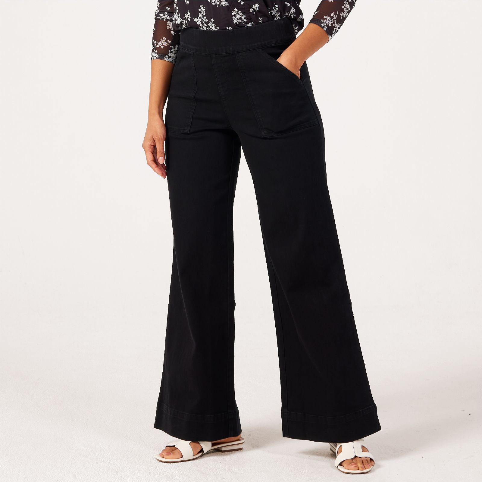 Nina Leonard Wide Leg Denim Standard Trousers With Pockets