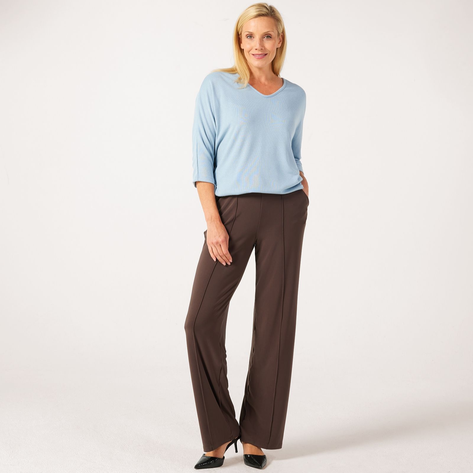 Kim & Co Deluxe Brazil Jersey Kyla Wide-Leg Pintuck Petite Trousers