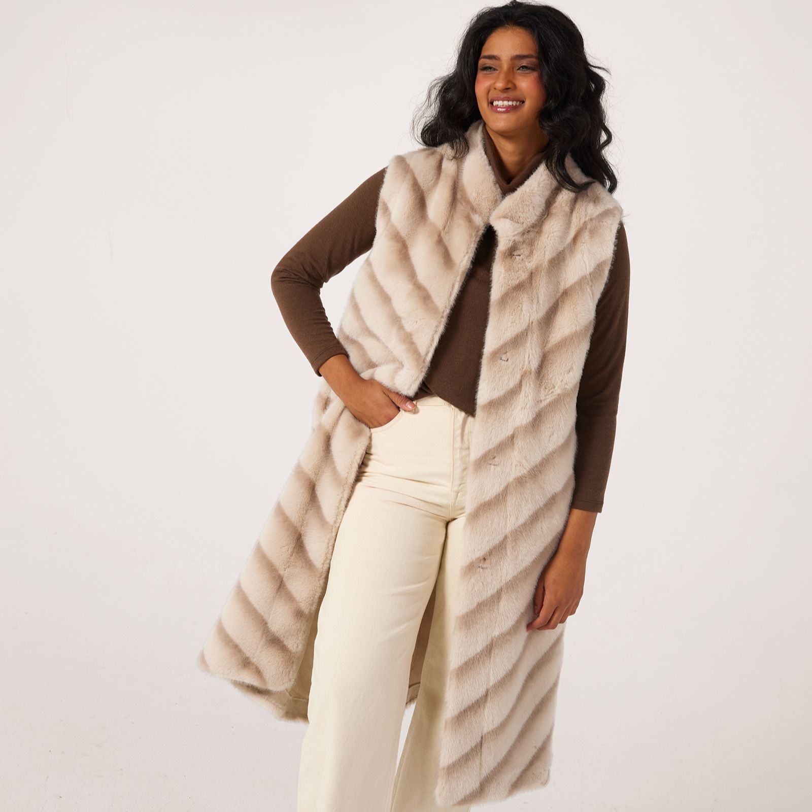 Malissa J Sleevelss Longline Gilet With Chevron Faux Fur & Crystal Clasp