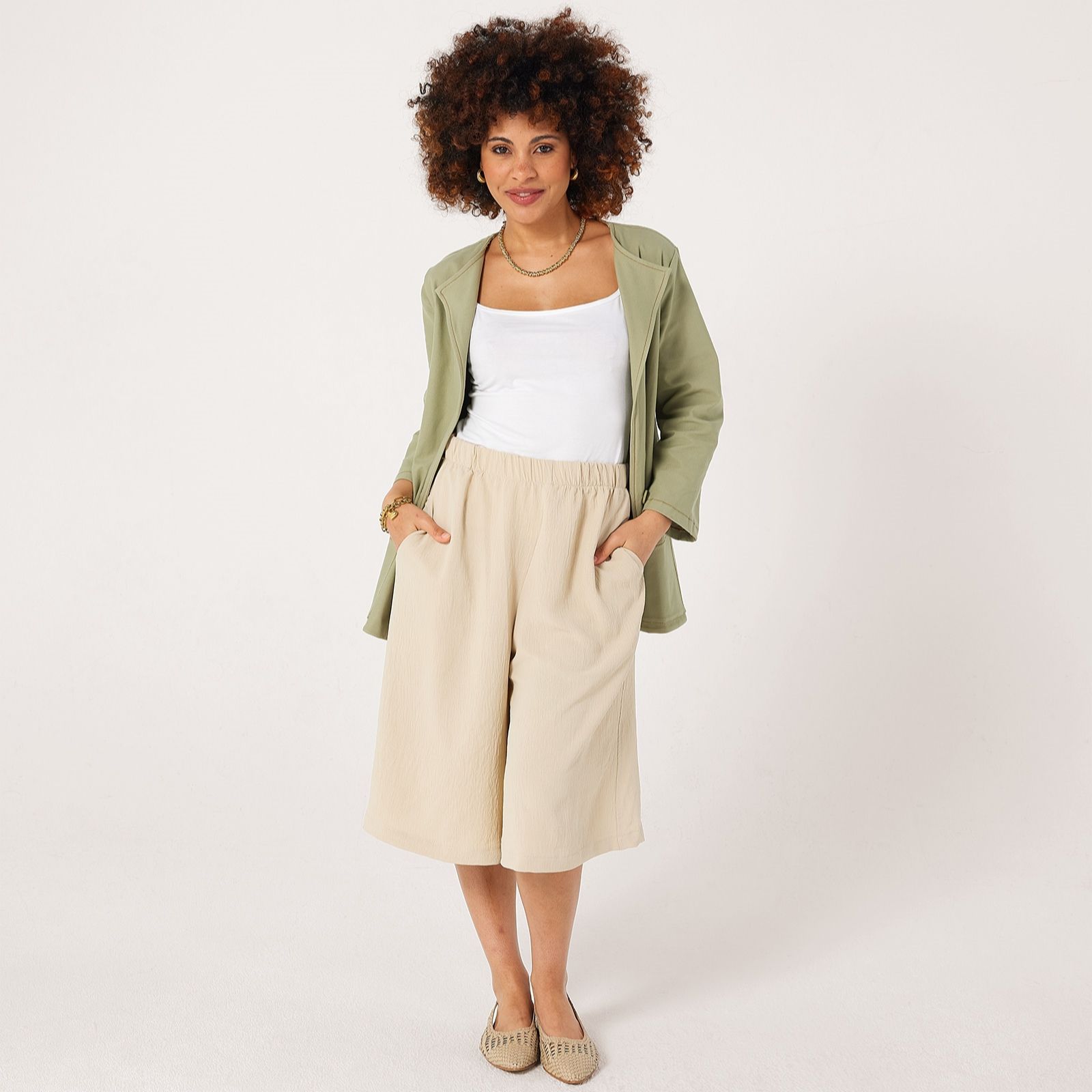 Kim & Co Crinkle Poplin Elastic Waist Knee Length Standard Culottes