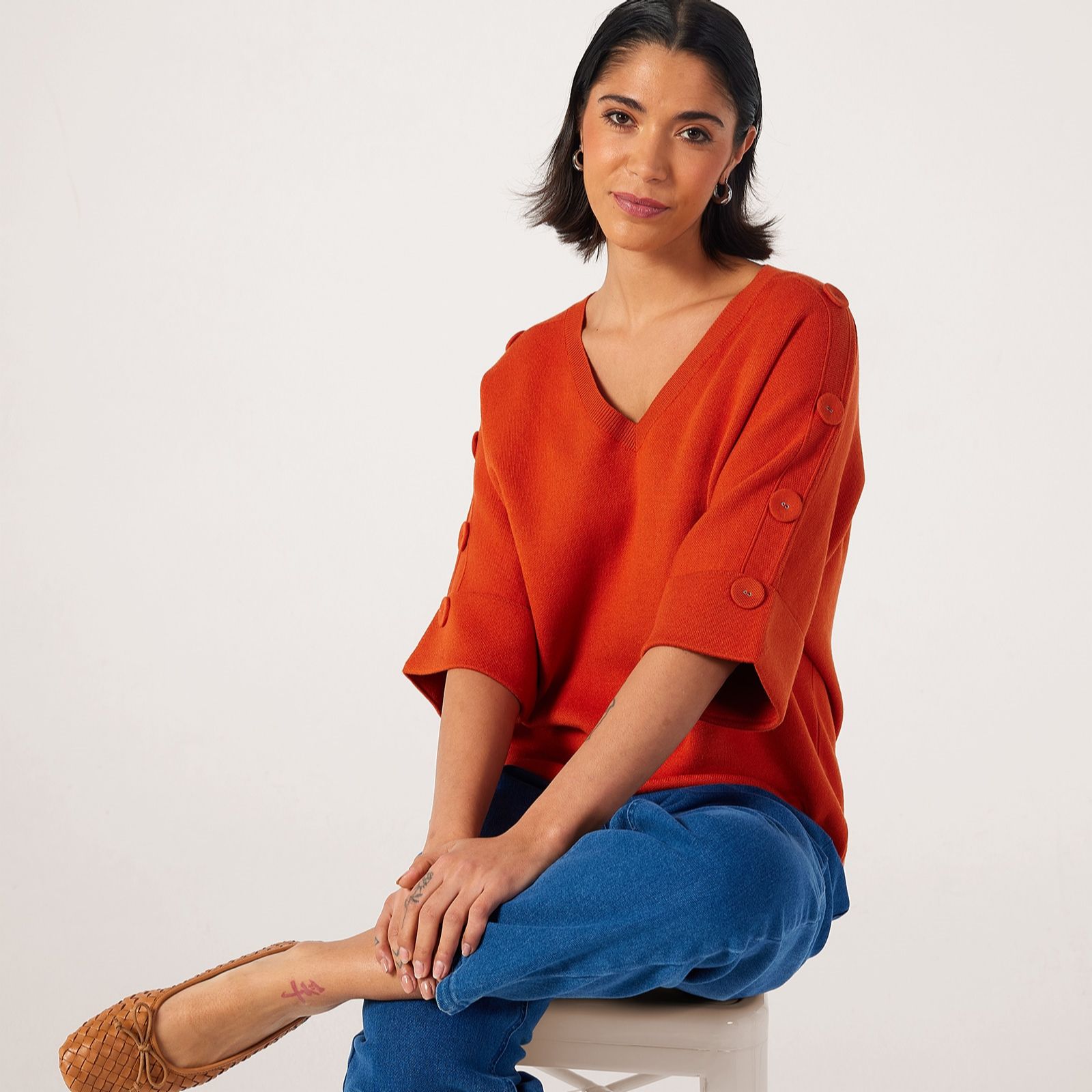 Malissa J Elbow Sleeve V-Neck Knit Jumper