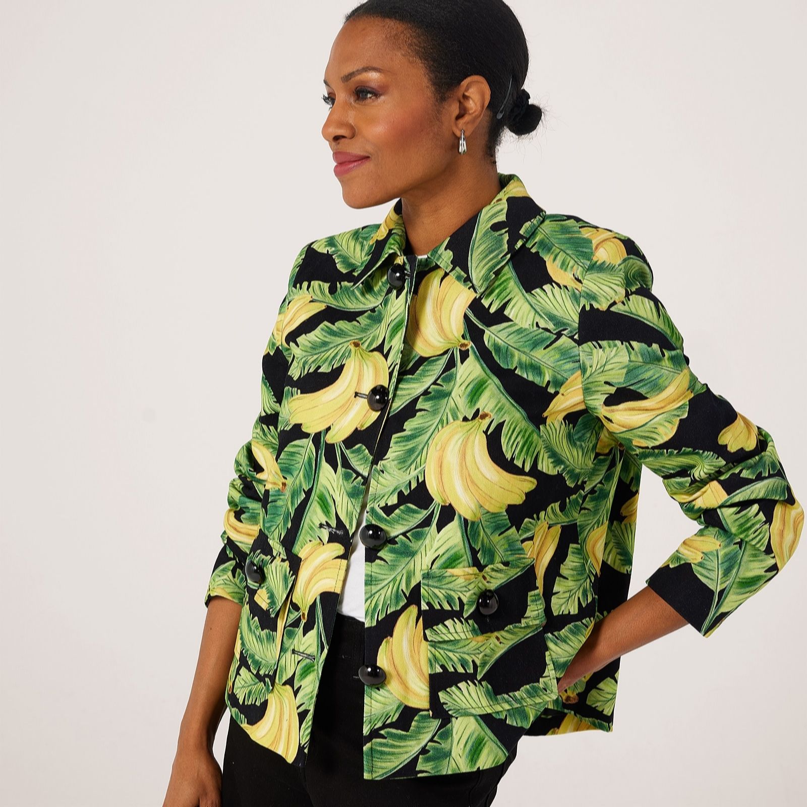 Helene Berman 100% Cotton Denim Banana Print Jacket