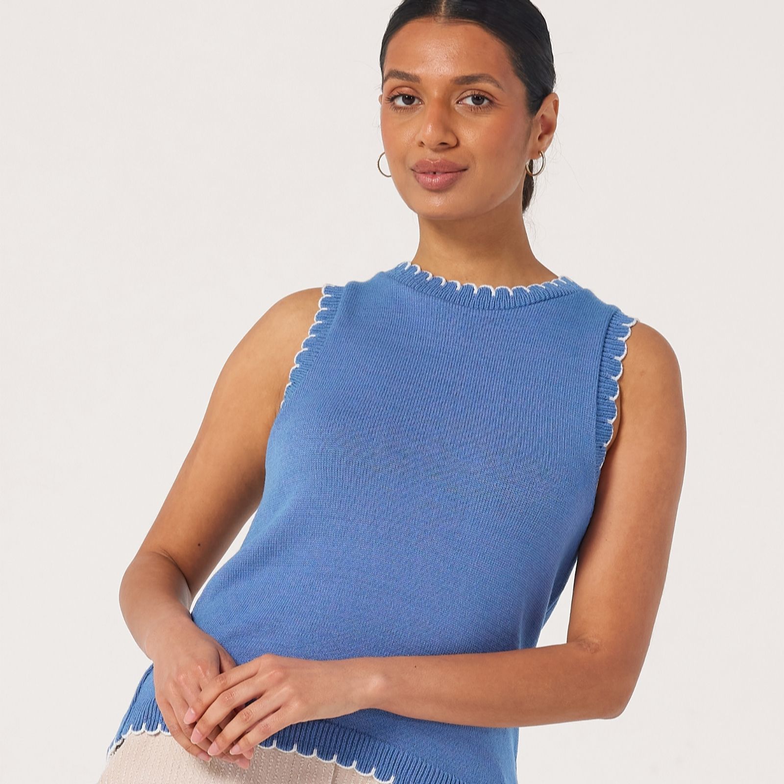 Helene Berman Knitted Vest with Contrast Scalloped Edge