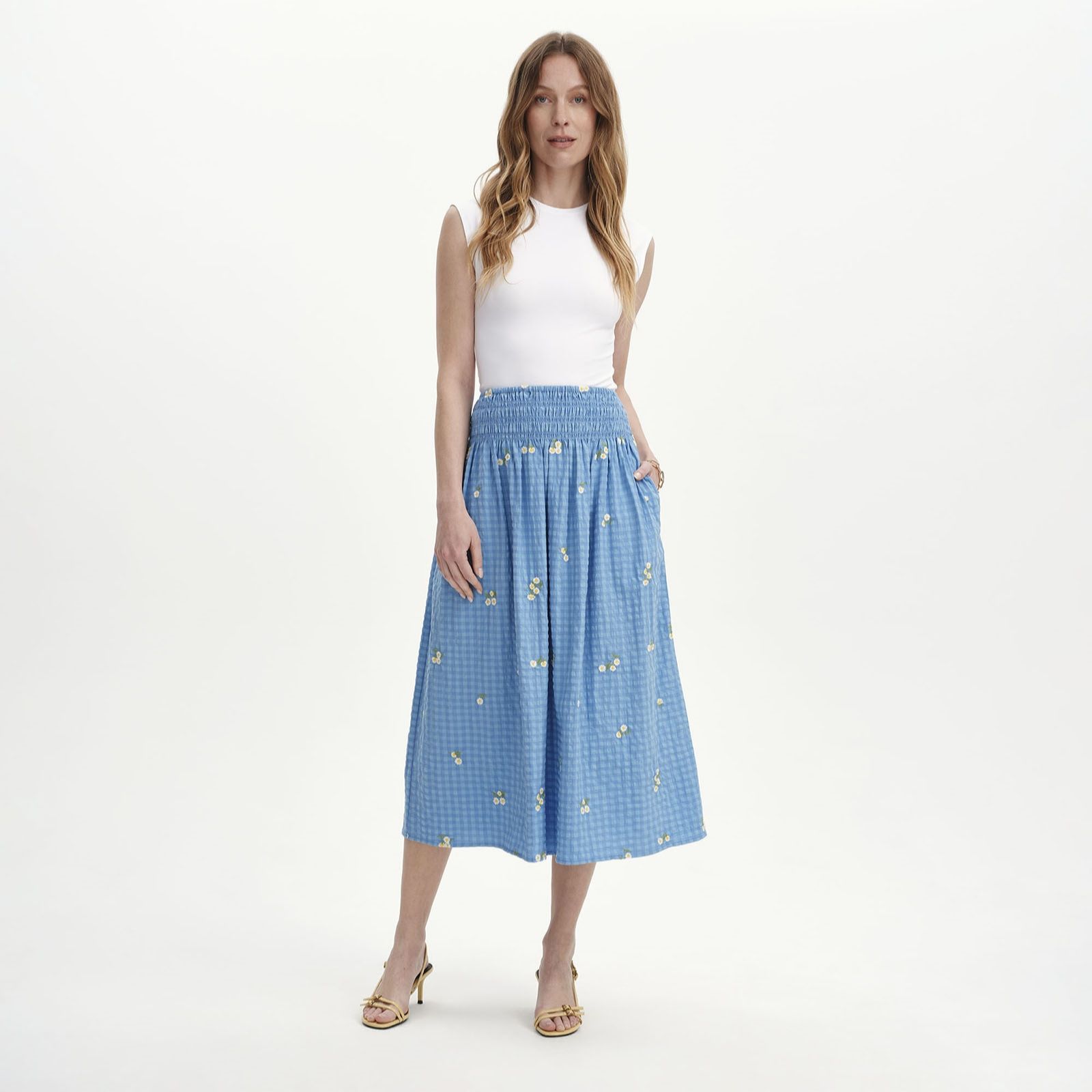 Finery London Sofia Seersucker Daisy Embroidered Elasticated Waist Midi Skirt