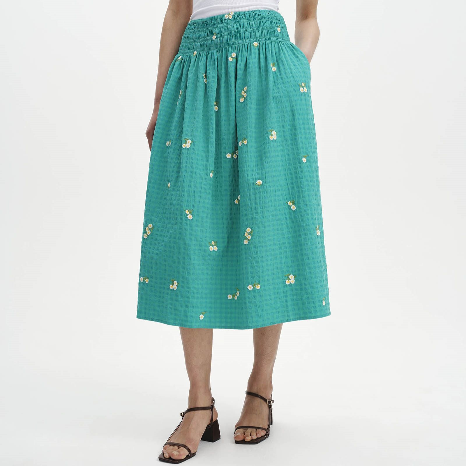 Finery London Sofia Seersucker Daisy Embroidered Elasticated Waist Midi Skirt