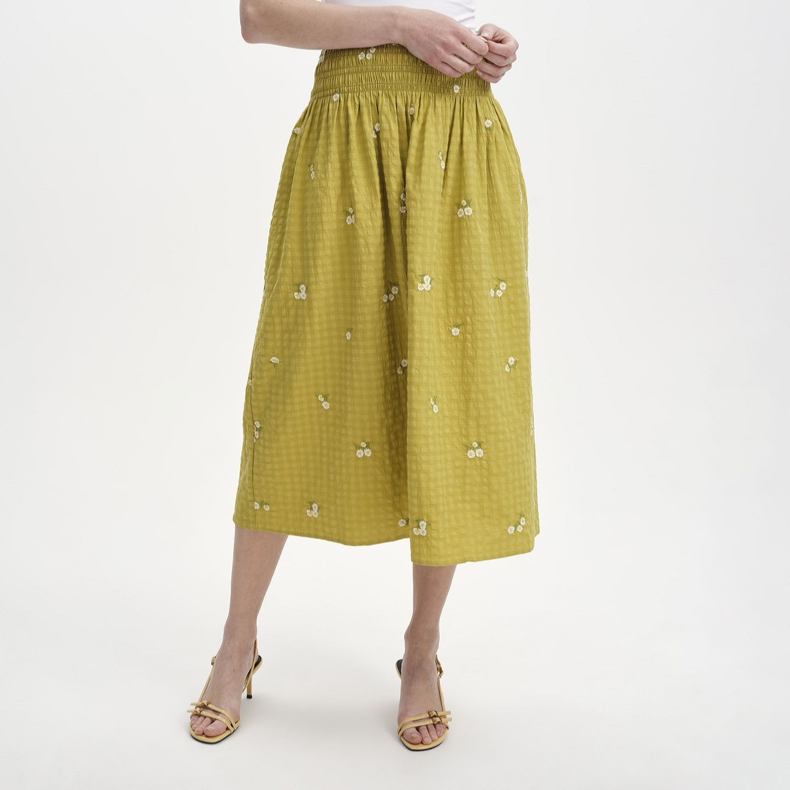 Finery London Sofia Seersucker Daisy Embroidered Elasticated Waist Midi Skirt
