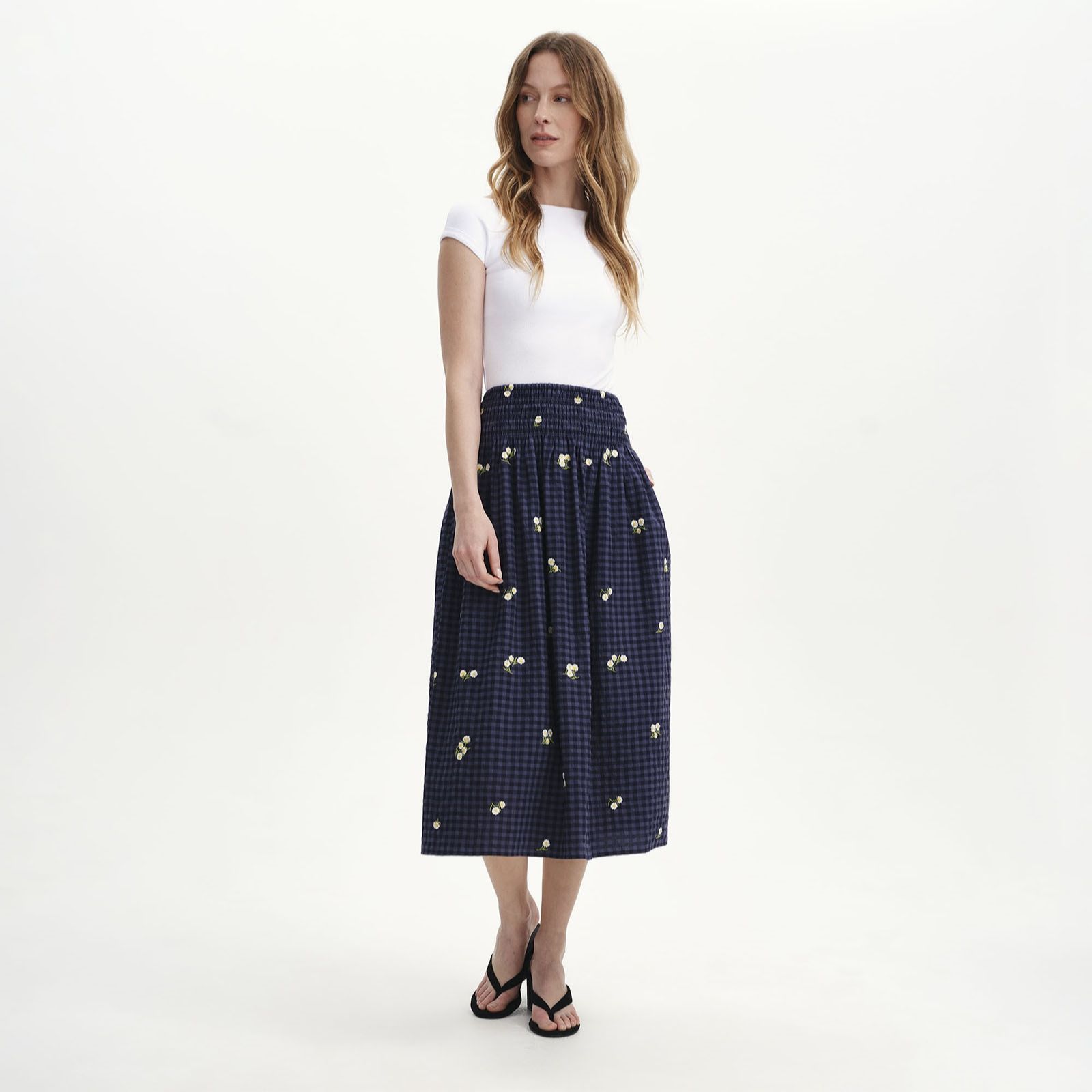 Finery London Sofia Seersucker Daisy Embroidered Elasticated Waist Midi Skirt
