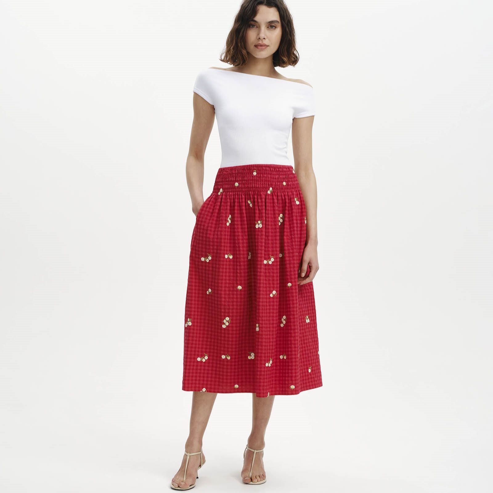 Finery London Sofia Seersucker Daisy Embroidered Elasticated Waist Midi Skirt