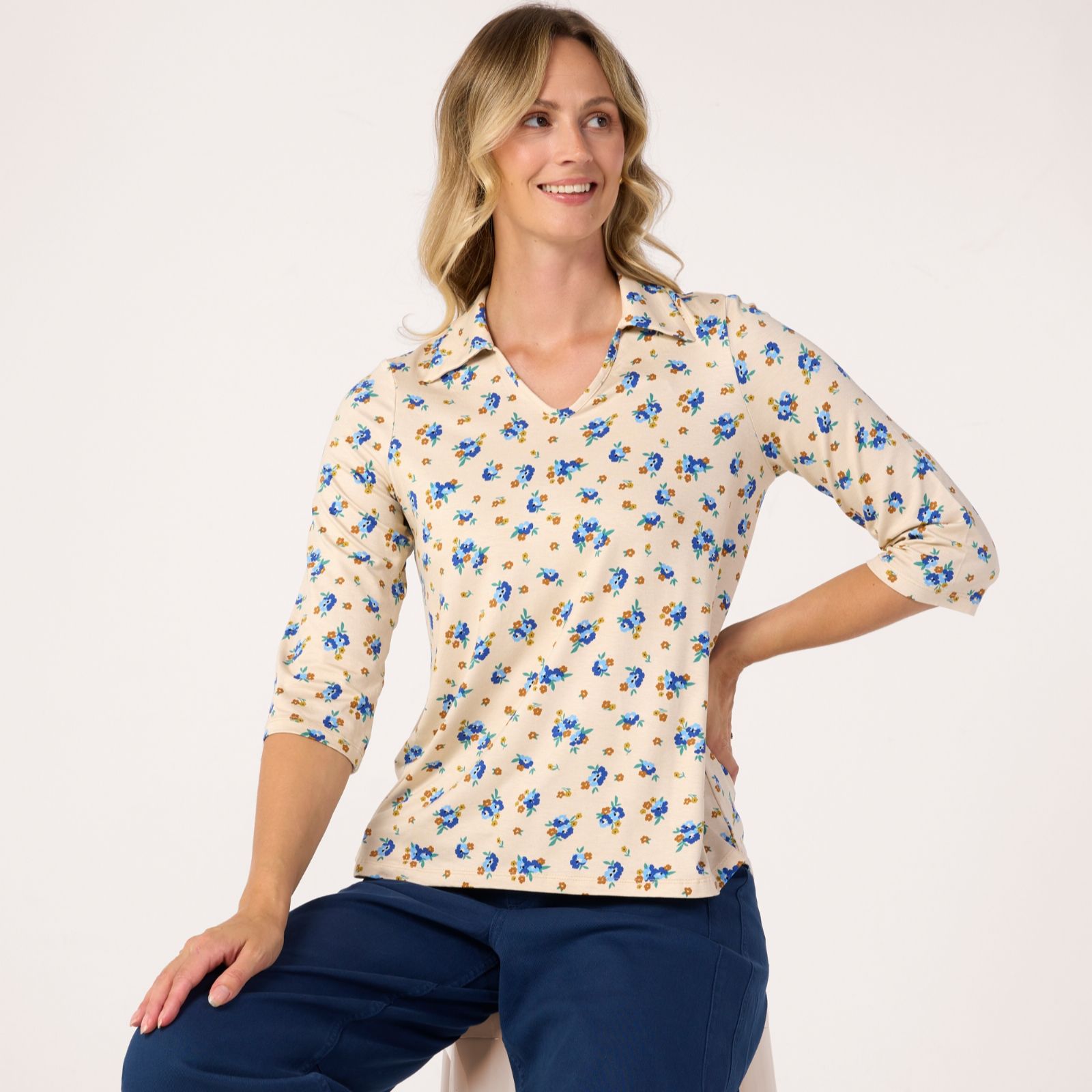 Kim & Co Printed Viscose Jersey Johnny Collar 3/4 Sleeve Top