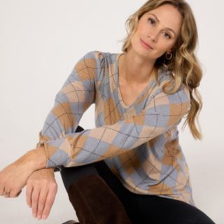 Kim & Co Argyle Print Fine Sweater Knit V-Neck Blouson L.Sleeve Top