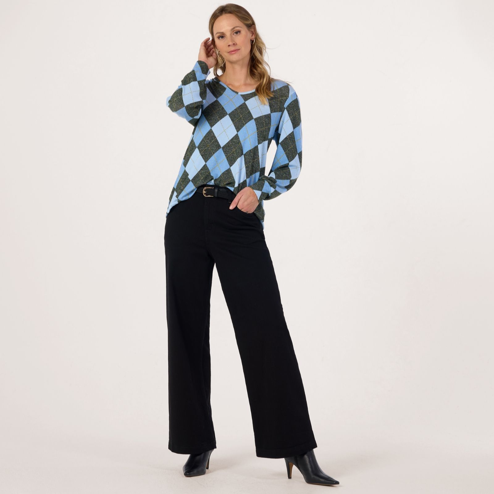 Kim & Co Argyle Print Fine Sweater Knit V-Neck Blouson L.Sleeve Top