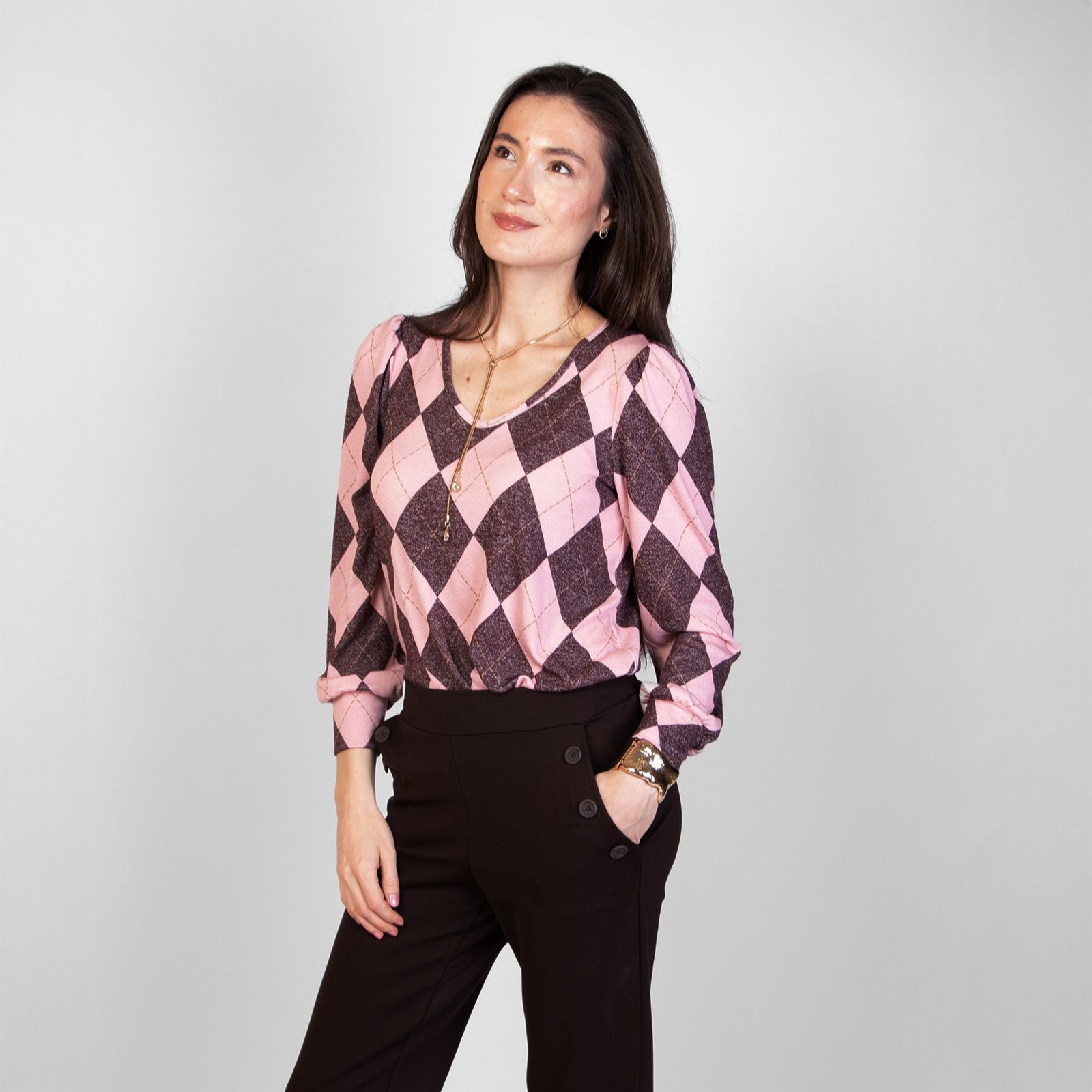 Kim & Co Argyle Print Fine Sweater Knit V-Neck Blouson L.Sleeve Top