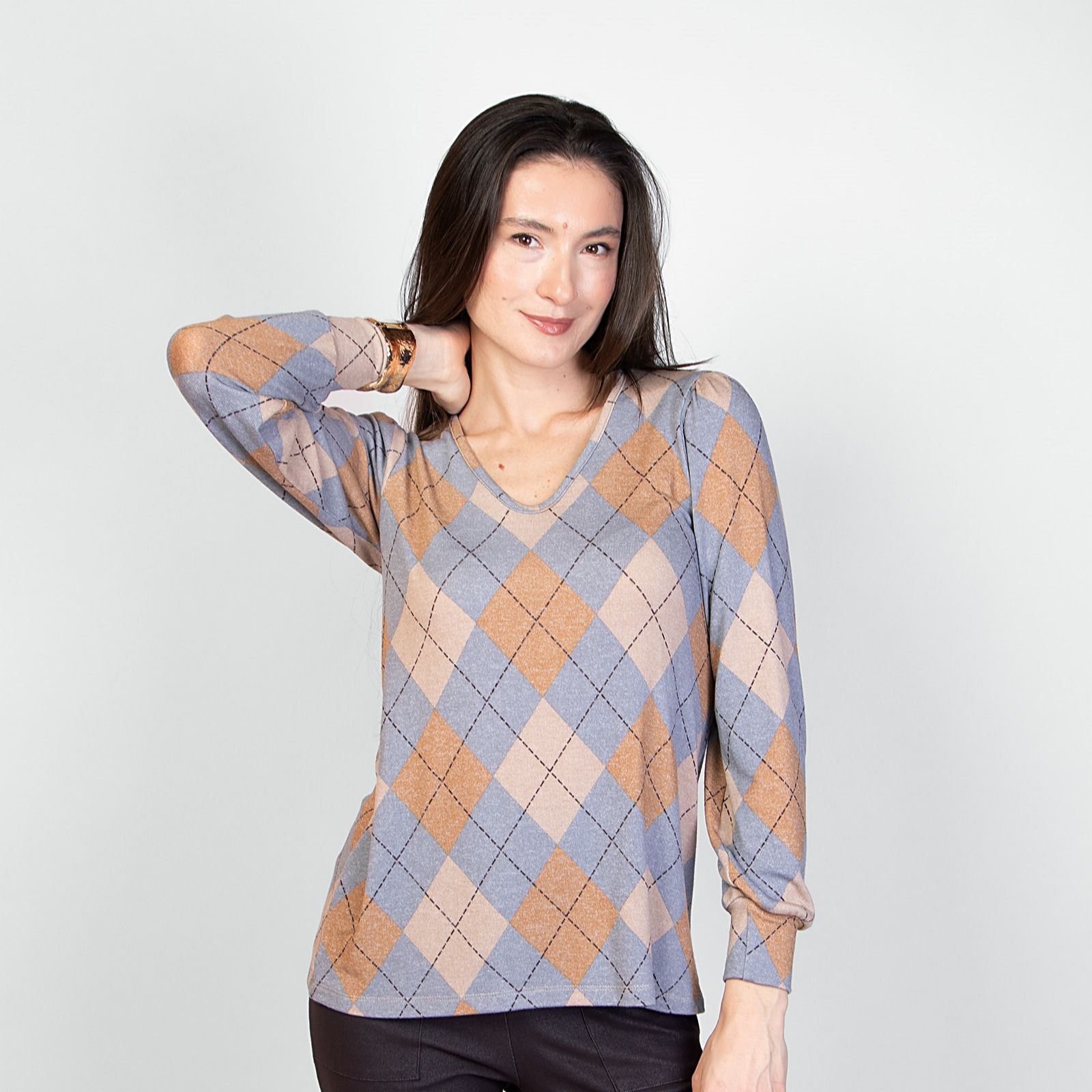 Kim & Co Argyle Print Fine Sweater Knit V-Neck Blouson L.Sleeve Top