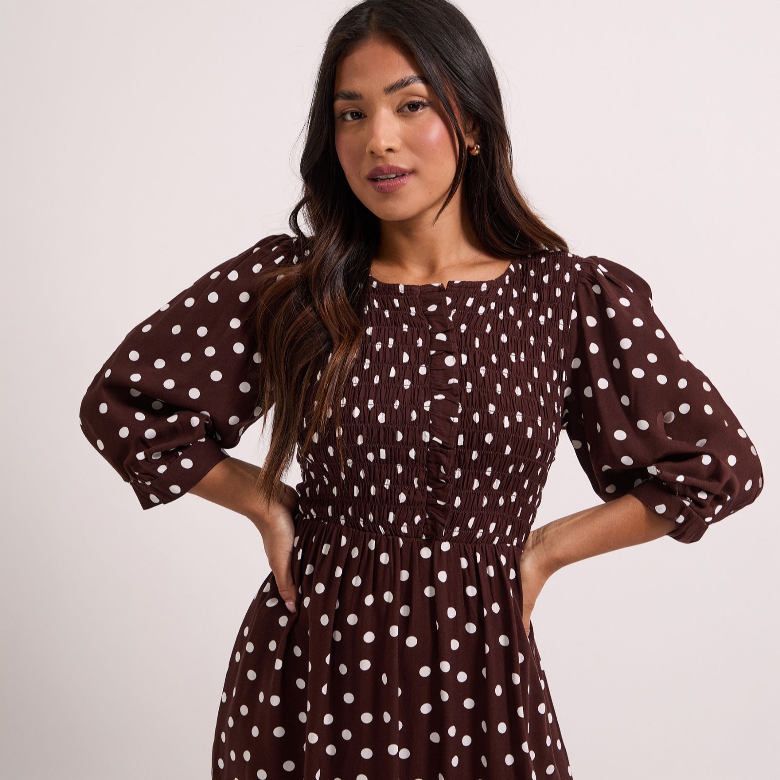 Dorothy Perkins Spot Print Long Sleeve Shirred Cuff Midi Dress Petite