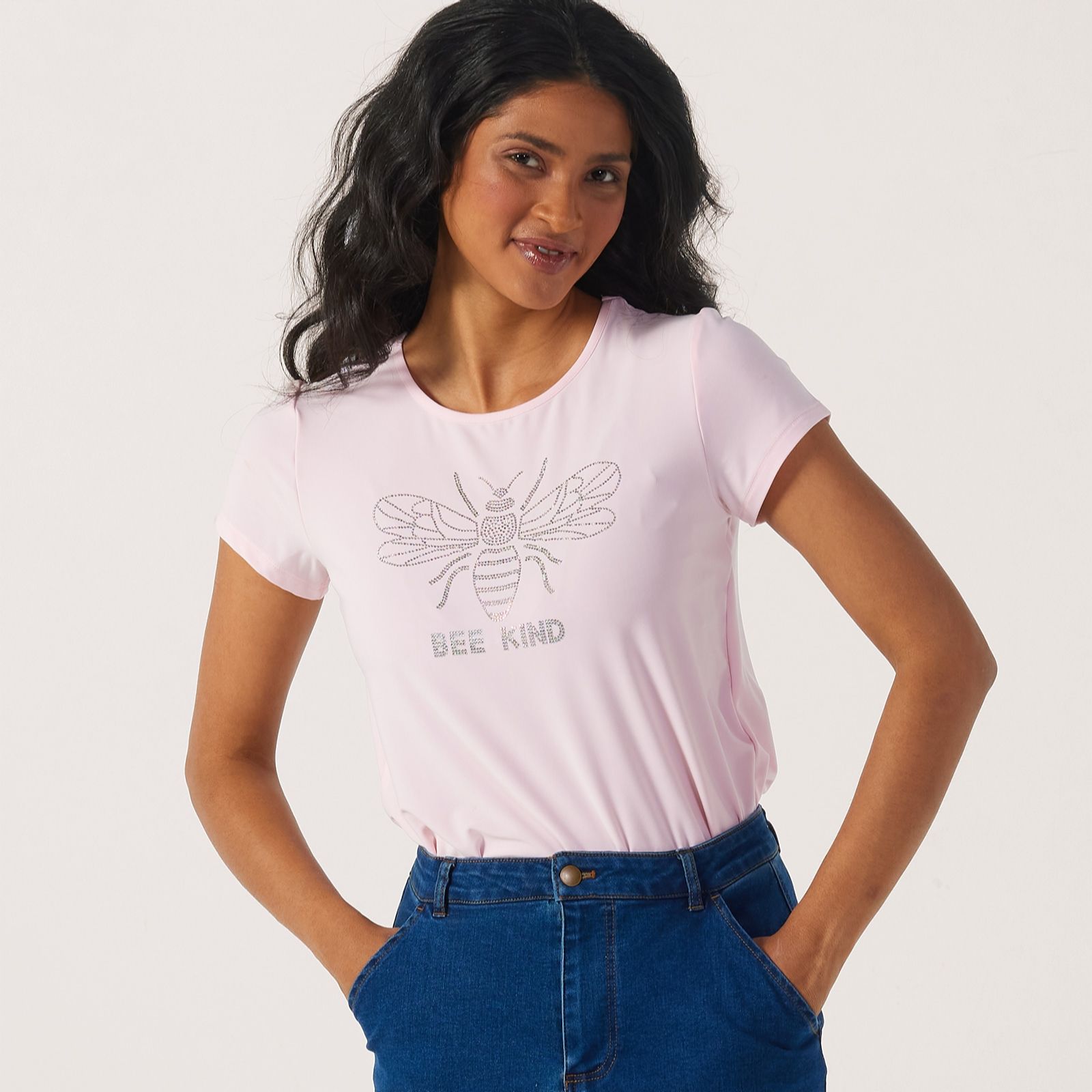 Kim & Co Deluxe Brazil Jersey Rhinestone Print Bee Kind T-Shirt