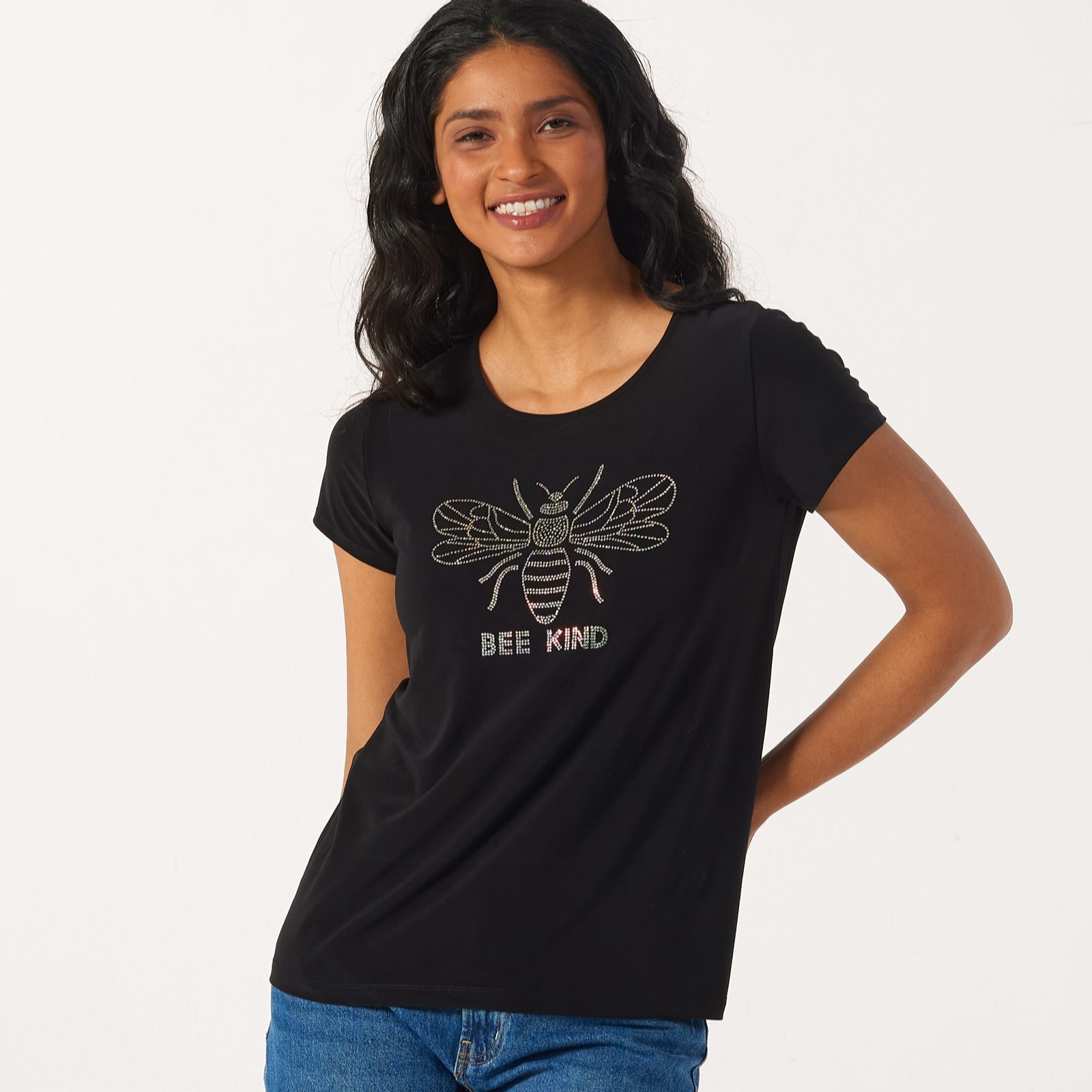 Kim & Co Deluxe Brazil Jersey Rhinestone Print Bee Kind T-Shirt