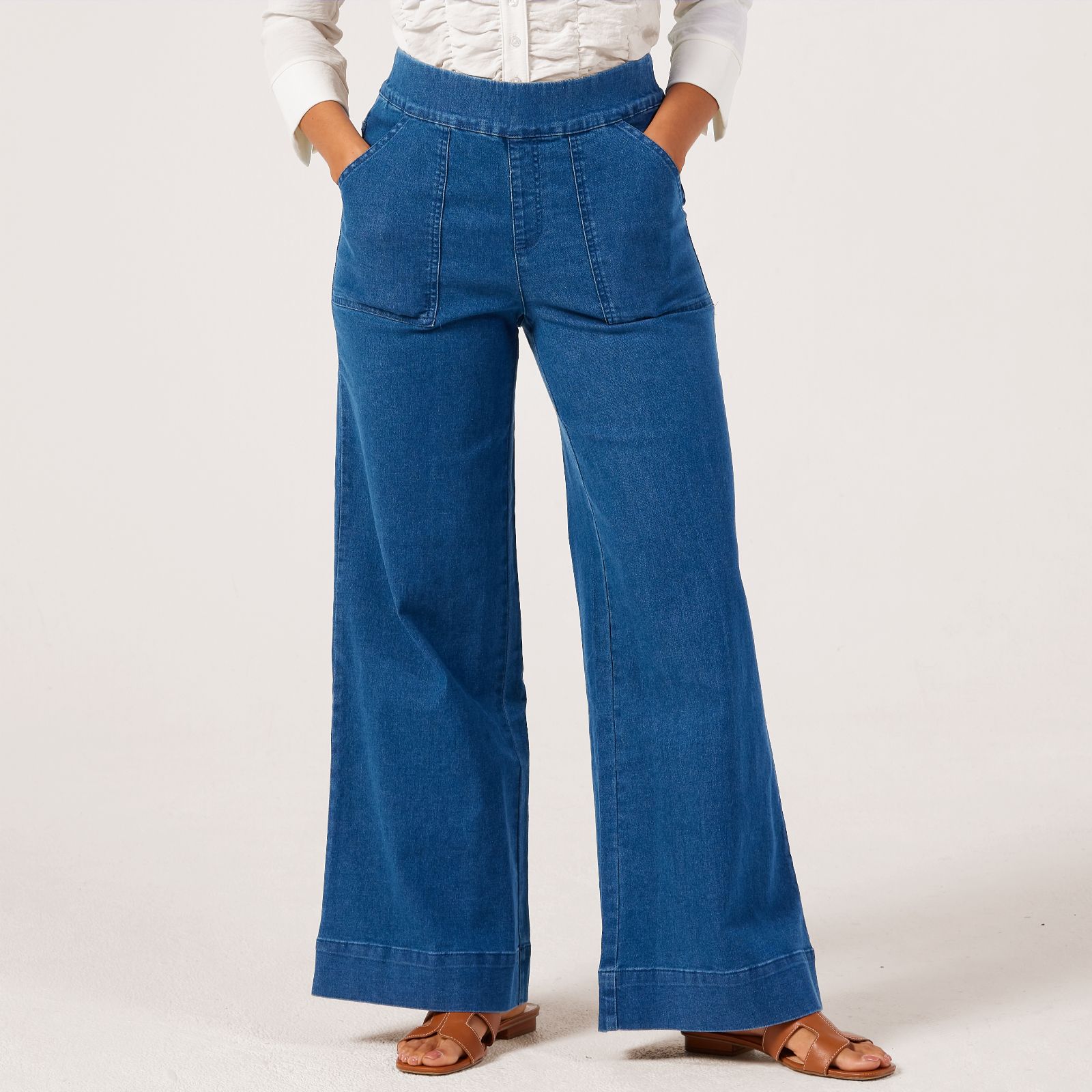 Nina Leonard Wide Leg Denim Short Trousers With Pockets