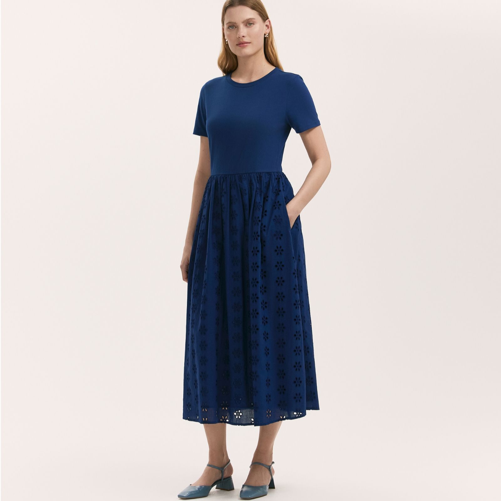 Finery London Brea Jersey and Broderie Cotton Midi Dress