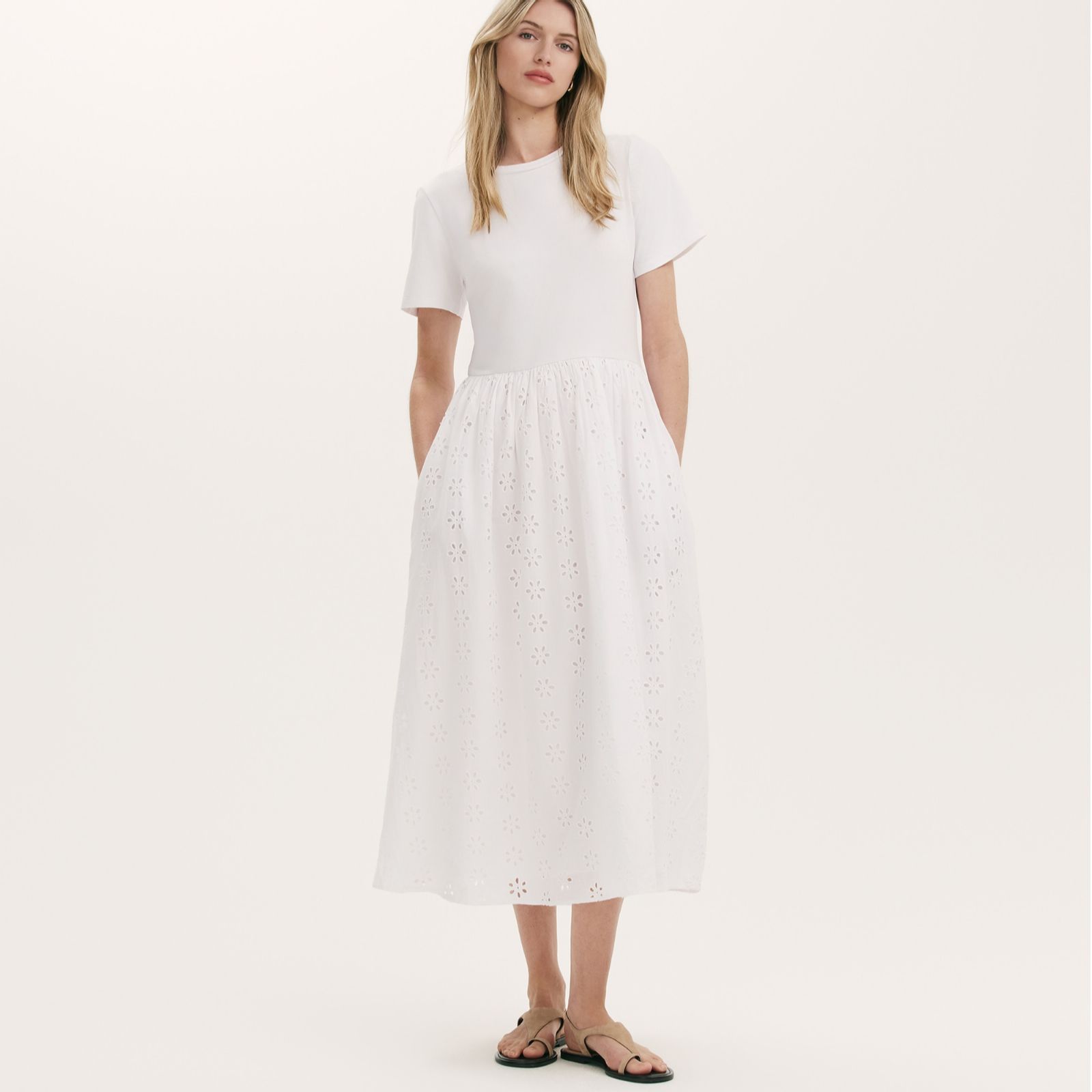 Finery London Brea Jersey and Broderie Cotton Midi Dress