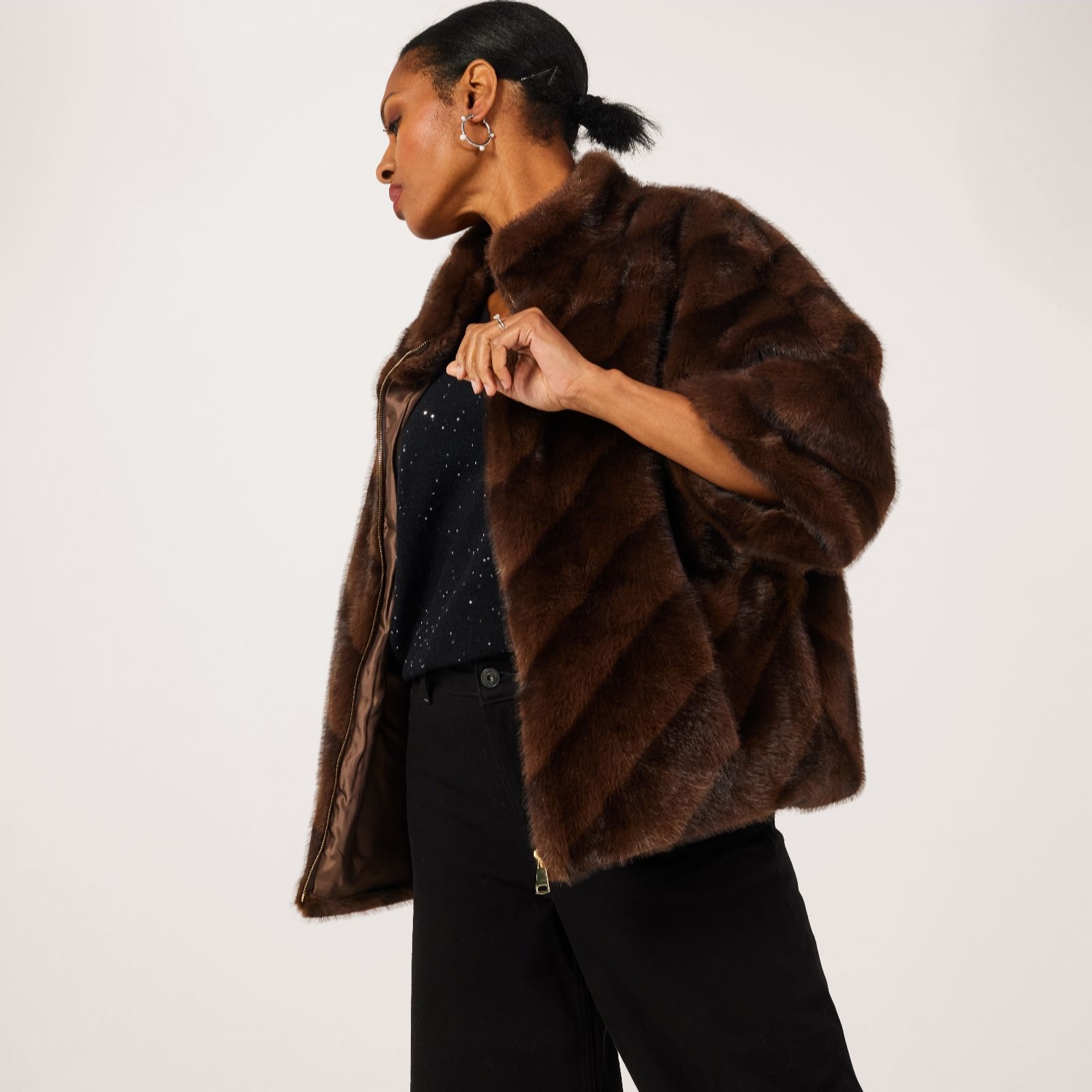 Malissa J Cropped Chevron Faux Fur Jacket with Zip