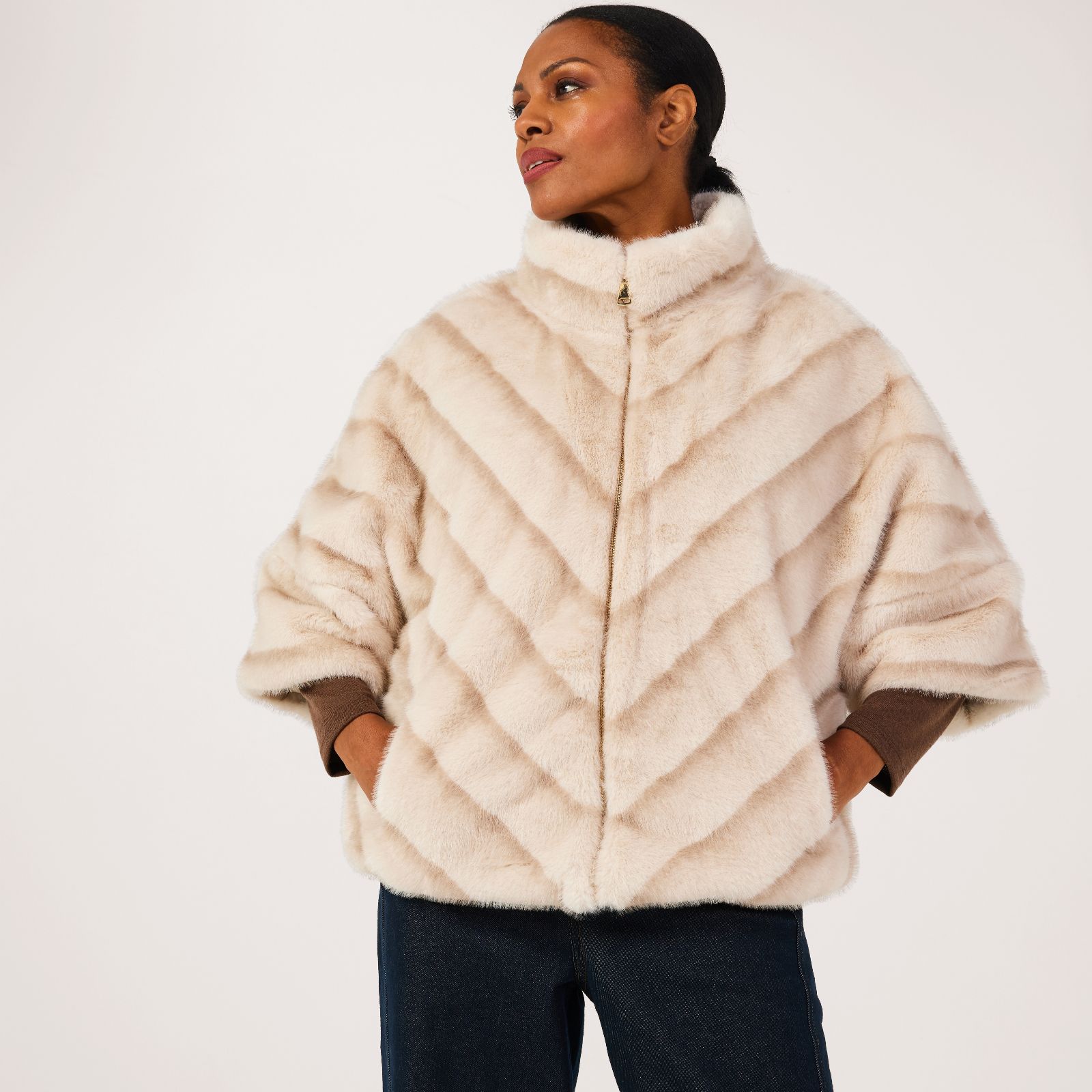 Malissa J Cropped Chevron Faux Fur Jacket with Zip