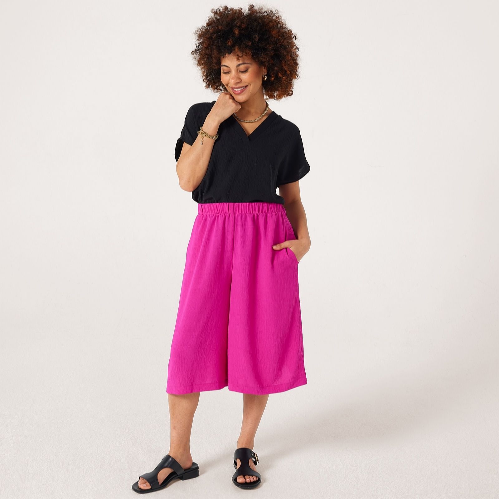 Kim & Co Crinkle Poplin Elastic Waist Knee Length Petite Culottes