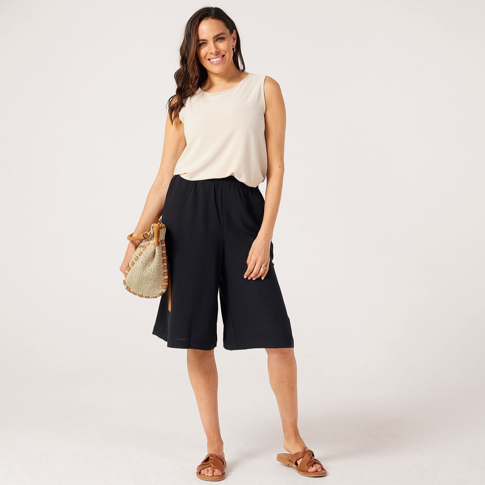 Kim & Co Crinkle Poplin Elastic Waist Knee Length Petite Culottes