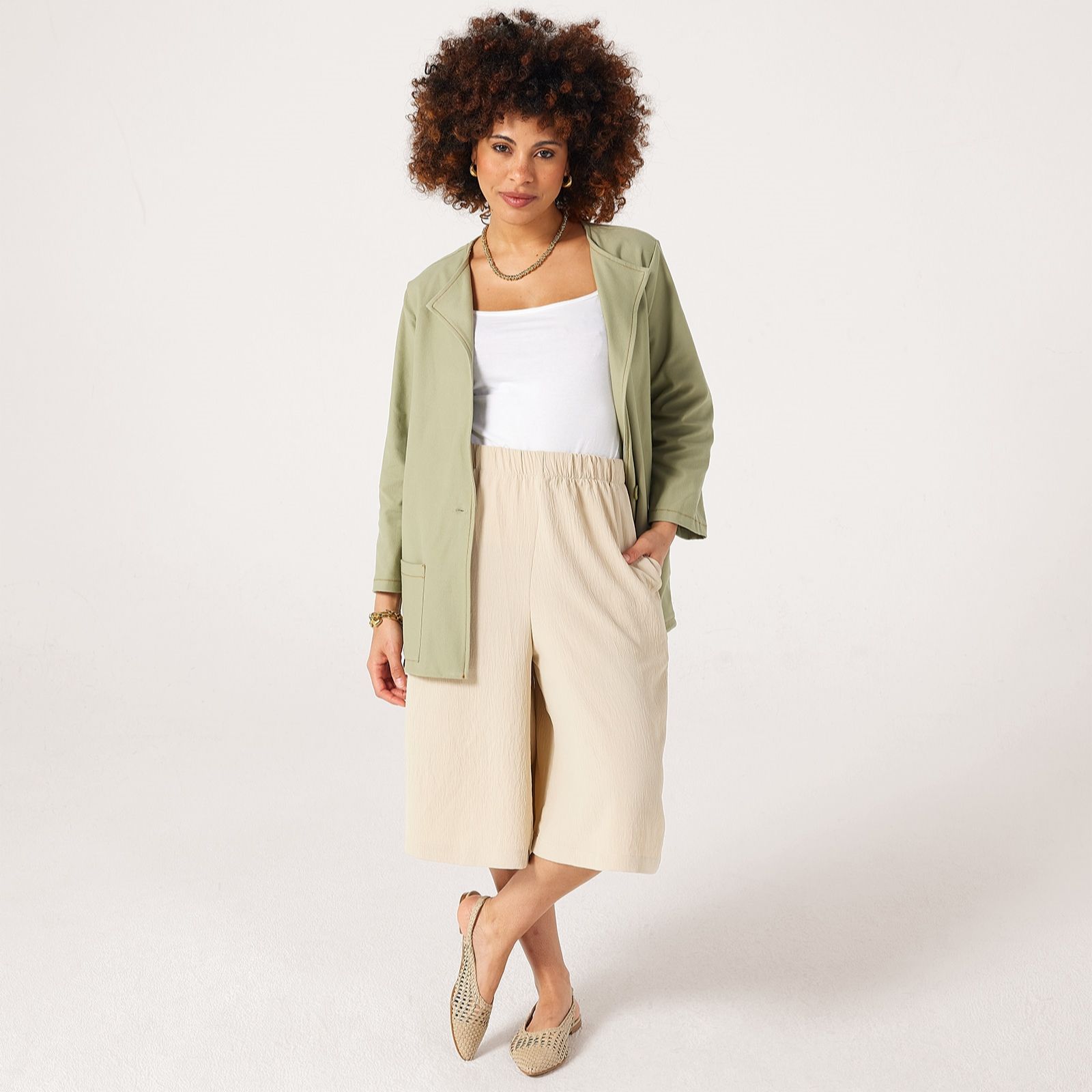 Kim & Co Crinkle Poplin Elastic Waist Knee Length Petite Culottes