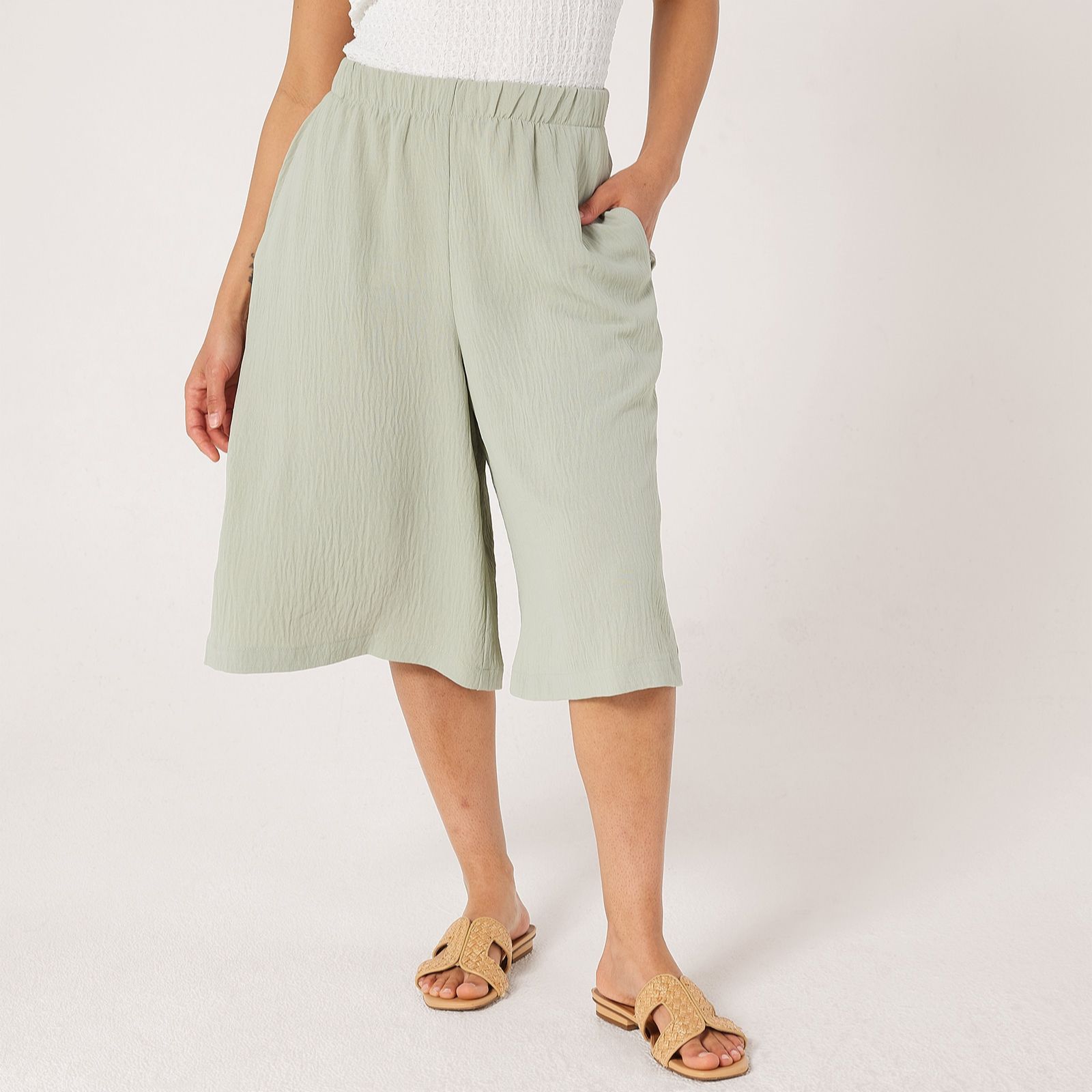 Kim & Co Crinkle Poplin Elastic Waist Knee Length Petite Culottes